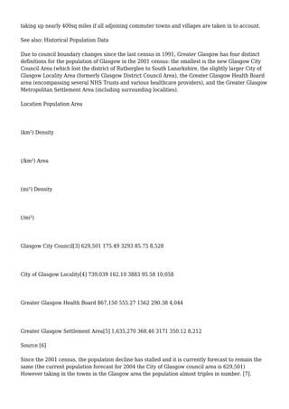taking up nearly 400sq miles if all adjoining commuter towns and villages are taken in to account.
See also: Historical Population Data
Due to council boundary changes since the last census in 1991, Greater Glasgow has four distinct
definitions for the population of Glasgow in the 2001 census: the smallest is the new Glasgow City
Council Area (which lost the district of Rutherglen to South Lanarkshire, the slightly larger City of
Glasgow Locality Area (formerly Glasgow District Council Area), the Greater Glasgow Health Board
area (encompassing several NHS Trusts and various healthcare providers), and the Greater Glasgow
Metropolitan Settlement Area (including surrounding localities).
Location Population Area
(km²) Density
(/km²) Area
(mi²) Density
(/mi²)
Glasgow City Council[3] 629,501 175.49 3293 85.75 8,528
City of Glasgow Locality[4] 739,039 162.10 3883 95.58 10,058
Greater Glasgow Health Board 867,150 555.27 1562 290.38 4,044
Greater Glasgow Settlement Area[5] 1,635,270 368.46 3171 350.12 8,212
Source [6]
Since the 2001 census, the population decline has stalled and it is currently forecast to remain the
same (the current population forecast for 2004 the City of Glasgow council area is 629,501)
However taking in the towns in the Glasgow area the population almost triples in number. [7].
 