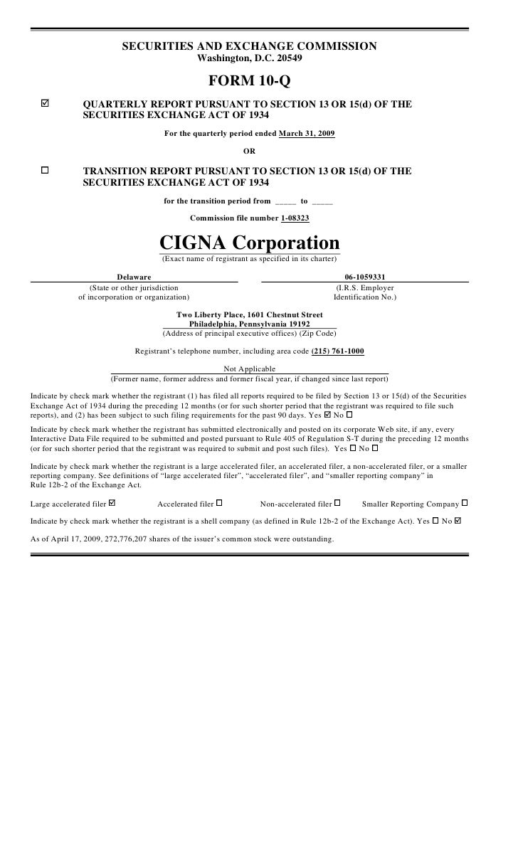 Q1 2009 Earning Report Of Cigna Corp