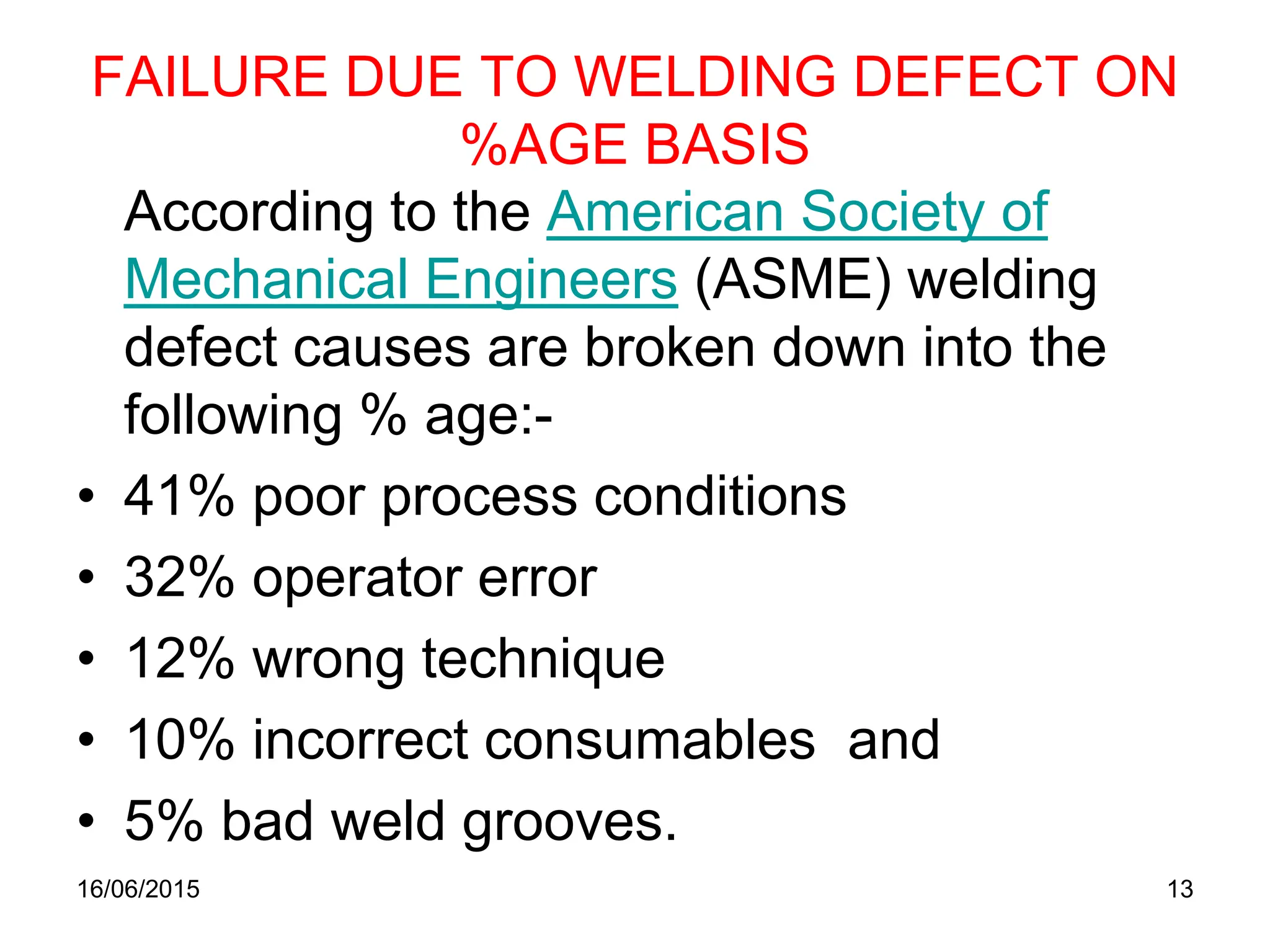 FAILURE DUE TO WELDING DEFECT ON
%AGE BASIS
According to the American Society of
Mechanical Engineers (ASME) welding
defect causes are broken down into the
following % age:-
• 41% poor process conditions
• 32% operator error
• 12% wrong technique
• 10% incorrect consumables and
• 5% bad weld grooves.
16/06/2015 13
 