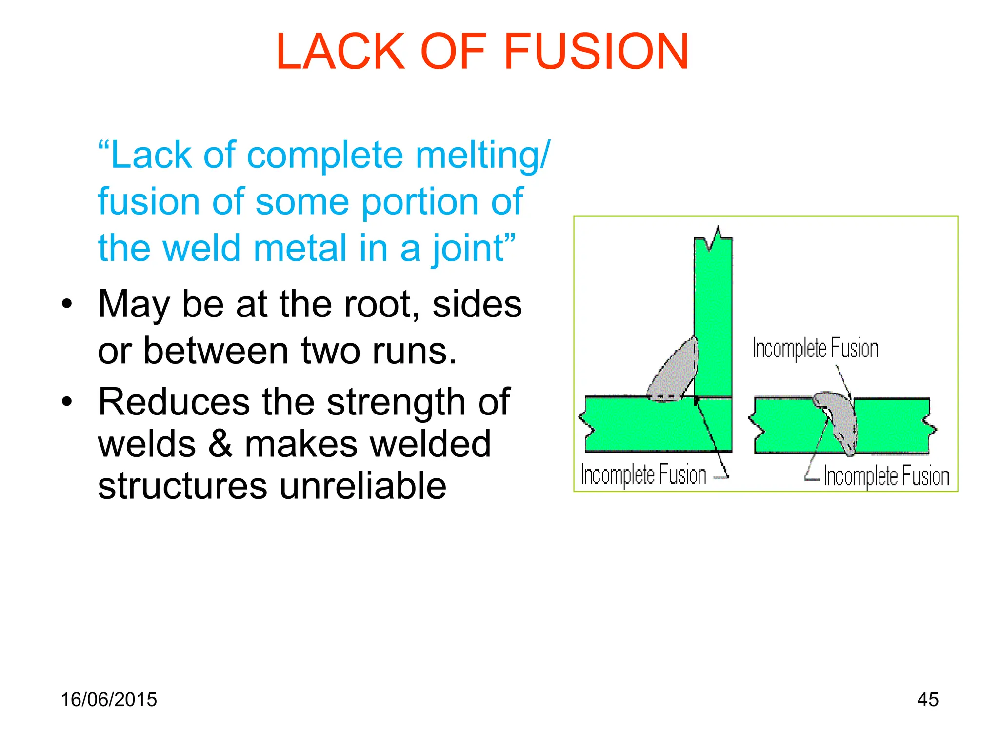 16/06/2015 45
LACK OF FUSION
“Lack of complete melting/
fusion of some portion of
the weld metal in a joint”
• May be at the root, sides
or between two runs.
• Reduces the strength of
welds & makes welded
structures unreliable
 