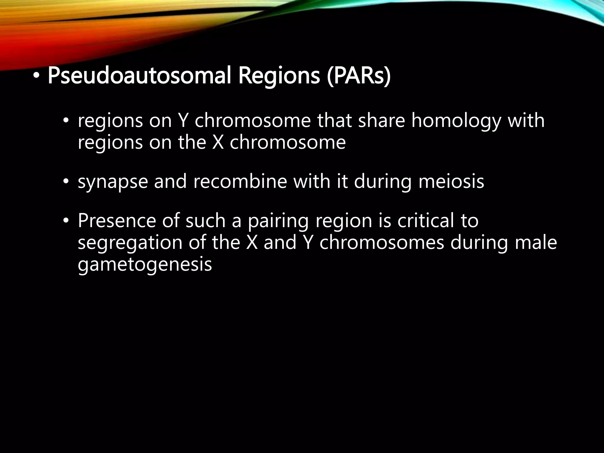 • Pseudoautosomal Regions (PARs)
• regions on Y chromosome that share homology with
regions on the X chromosome
• synapse and recombine with it during meiosis
• Presence of such a pairing region is critical to
segregation of the X and Y chromosomes during male
gametogenesis
 