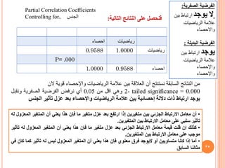 35
‫التالية‬ ‫النتائج‬ ‫على‬ ‫فنحصل‬:
‫رياضيات‬‫احصاء‬
‫رياضيات‬1.00000.9588
P= .000
‫احصاء‬0.95881.0000
Partial Correlation Coefficients
Controlling for.. ‫الجنس‬
‫من‬‫النتائج‬‫السابقة‬‫نستنتج‬‫أن‬‫العالقة‬‫بين‬‫عالمة‬‫الرياضيات‬‫واإلحصاء‬‫قوية‬‫الن‬
2- tailed significance = 0.000‫وهي‬‫اقل‬‫من‬0.05‫أي‬‫نرفض‬‫الفرضية‬‫الصفرية‬‫ونقبل‬
‫بوجد‬‫ارتباط‬‫ذات‬‫داللة‬‫إحصائية‬‫بين‬‫عالمة‬‫الرياضيات‬‫واإلحصاء‬‫بعد‬‫عزل‬‫تأثير‬‫الجنس‬
•‫أن‬‫معامل‬‫االرتباط‬‫الجزئي‬‫بين‬‫متغيرين‬‫إذا‬‫ارتفع‬‫بعد‬‫عزل‬‫متغير‬‫ما‬‫فإن‬‫هذا‬‫يعني‬‫أن‬‫المتغير‬‫المعزول‬‫له‬
‫تأثير‬‫سلبي‬‫على‬‫معامل‬‫االرتباط‬‫بين‬‫المتغيرين‬.
•‫كذلك‬‫إن‬‫قلت‬‫قيمة‬‫معامل‬‫االرتباط‬‫الجزئي‬‫بعد‬‫عزل‬‫متغير‬‫ما‬‫فإن‬‫هذا‬‫يعني‬‫أن‬‫المتغير‬‫المعزول‬‫له‬‫تأثير‬
‫موجب‬‫على‬‫معامل‬‫االرتباط‬‫بين‬‫المتغيرين‬.
•‫أما‬‫إذا‬‫كانا‬‫متساويين‬‫أو‬‫اليوجد‬‫فرق‬‫معنوي‬‫فإن‬‫هذا‬‫يعني‬‫أن‬‫المتغير‬‫المعزول‬‫ليس‬‫له‬‫تأثير‬‫كما‬‫كان‬‫في‬
‫مثالنا‬‫السابق‬
‫الصفرية‬ ‫الفرضية‬:
‫يوجد‬ ‫ال‬‫بين‬ ‫ارتباط‬
‫الرياضيات‬ ‫عالمة‬
‫واالحصاء‬
‫الفرضية‬‫البديلة‬:
‫يوجد‬‫بين‬ ‫ارتباط‬
‫الرياضيات‬ ‫عالمة‬
‫واإلحصاء‬
‫واإلحصاء‬
 
