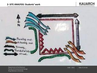 Department of Architecture
Faculty of Environmental Design
King Abdulaziz University
1436 - 2015 Slide 15 of 101
2- SITE ANALYSIS: Students’ work
 
