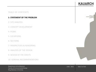 1- STATEMENT OF THE PROBLEM
2- SITE ANALYSIS
Department of Architecture
Faculty of Environmental Design
King Abdulaziz University
1436 - 2015 Slide 3 of 101
3- CONCEPT DEVELOPMENT
4- PLANS
5- ELEVATIONS
6- SECTIONS
7- PERSPECTIVES & RENDERING
8- ANALYSIS OF THE DESIGN
9- DESIGN OF THE SHEETS
10- GENERAL RECOMMENDATIONS
TABLE OF CONTENTS
 
