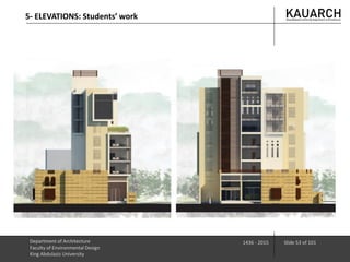 Department of Architecture
Faculty of Environmental Design
King Abdulaziz University
1436 - 2015 Slide 53 of 101
5- ELEVATIONS: Students’ work
 