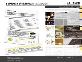 Department of Architecture
Faculty of Environmental Design
King Abdulaziz University
1436 - 2015 Slide 6 of 101
1- STATEMENT OF THE PROBLEM: Students’ work
 