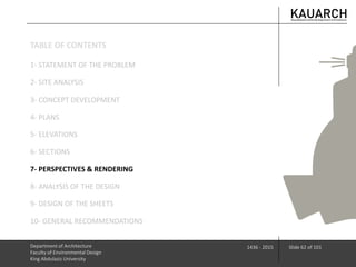 Department of Architecture
Faculty of Environmental Design
King Abdulaziz University
1436 - 2015 Slide 62 of 101
3- CONCEPT DEVELOPMENT
4- PLANS
5- ELEVATIONS
6- SECTIONS
7- PERSPECTIVES & RENDERING
8- ANALYSIS OF THE DESIGN
9- DESIGN OF THE SHEETS
10- GENERAL RECOMMENDATIONS
1- STATEMENT OF THE PROBLEM
2- SITE ANALYSIS
TABLE OF CONTENTS
 
