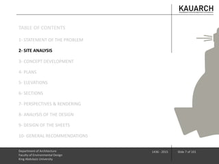 1- STATEMENT OF THE PROBLEM
2- SITE ANALYSIS
Department of Architecture
Faculty of Environmental Design
King Abdulaziz University
1436 - 2015 Slide 7 of 101
3- CONCEPT DEVELOPMENT
4- PLANS
5- ELEVATIONS
6- SECTIONS
7- PERSPECTIVES & RENDERING
8- ANALYSIS OF THE DESIGN
9- DESIGN OF THE SHEETS
10- GENERAL RECOMMENDATIONS
TABLE OF CONTENTS
 
