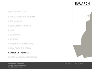 Department of Architecture
Faculty of Environmental Design
King Abdulaziz University
1436 - 2015 Slide 82 of 101
3- CONCEPT DEVELOPMENT
4- PLANS
5- ELEVATIONS
6- SECTIONS
7- PERSPECTIVES & RENDERING
8- ANALYSIS OF THE DESIGN
9- DESIGN OF THE SHEETS
10- GENERAL RECOMMENDATIONS
1- STATEMENT OF THE PROBLEM
2- SITE ANALYSIS
TABLE OF CONTENTS
 