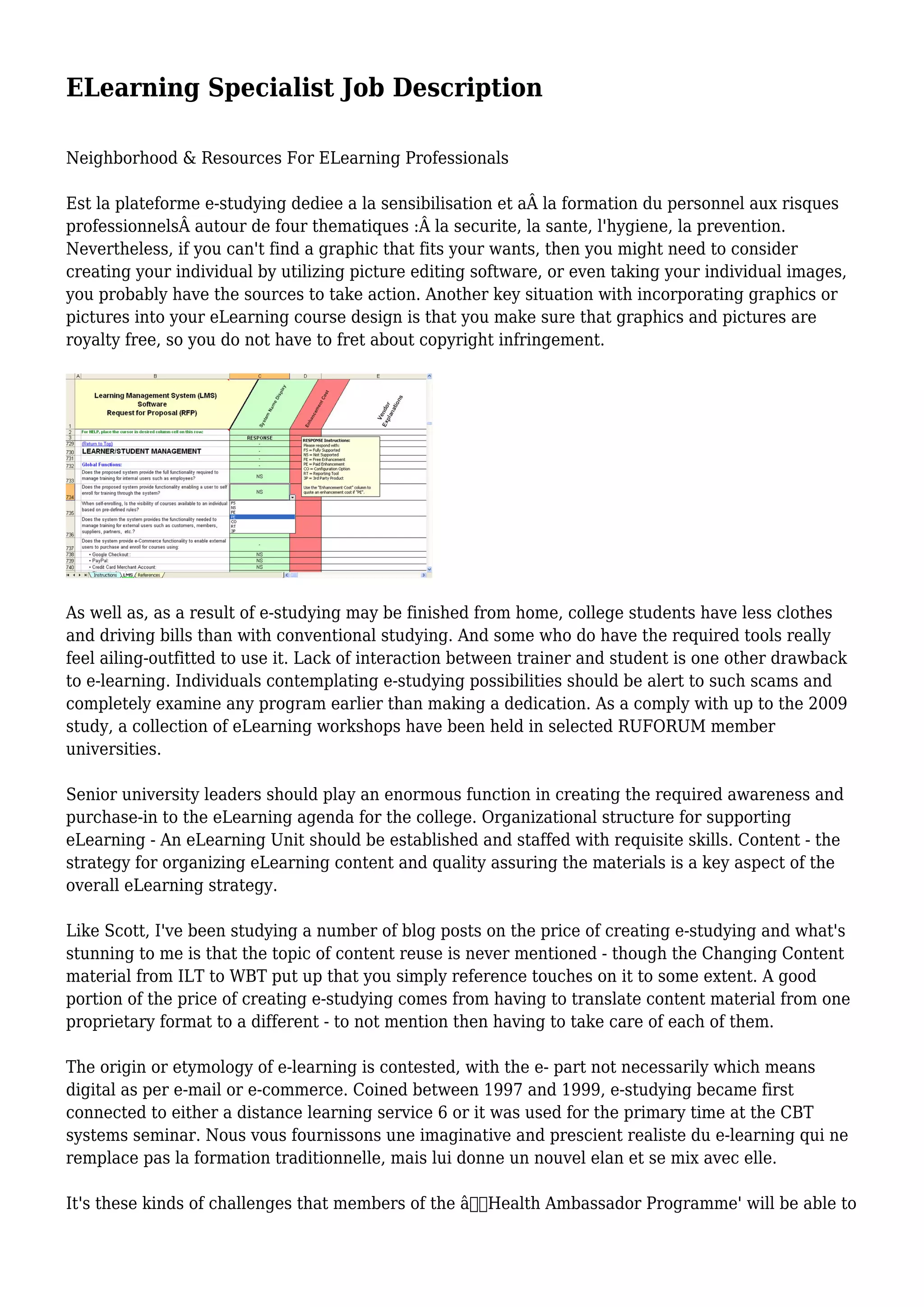 ELearning Specialist Job Description PDF
