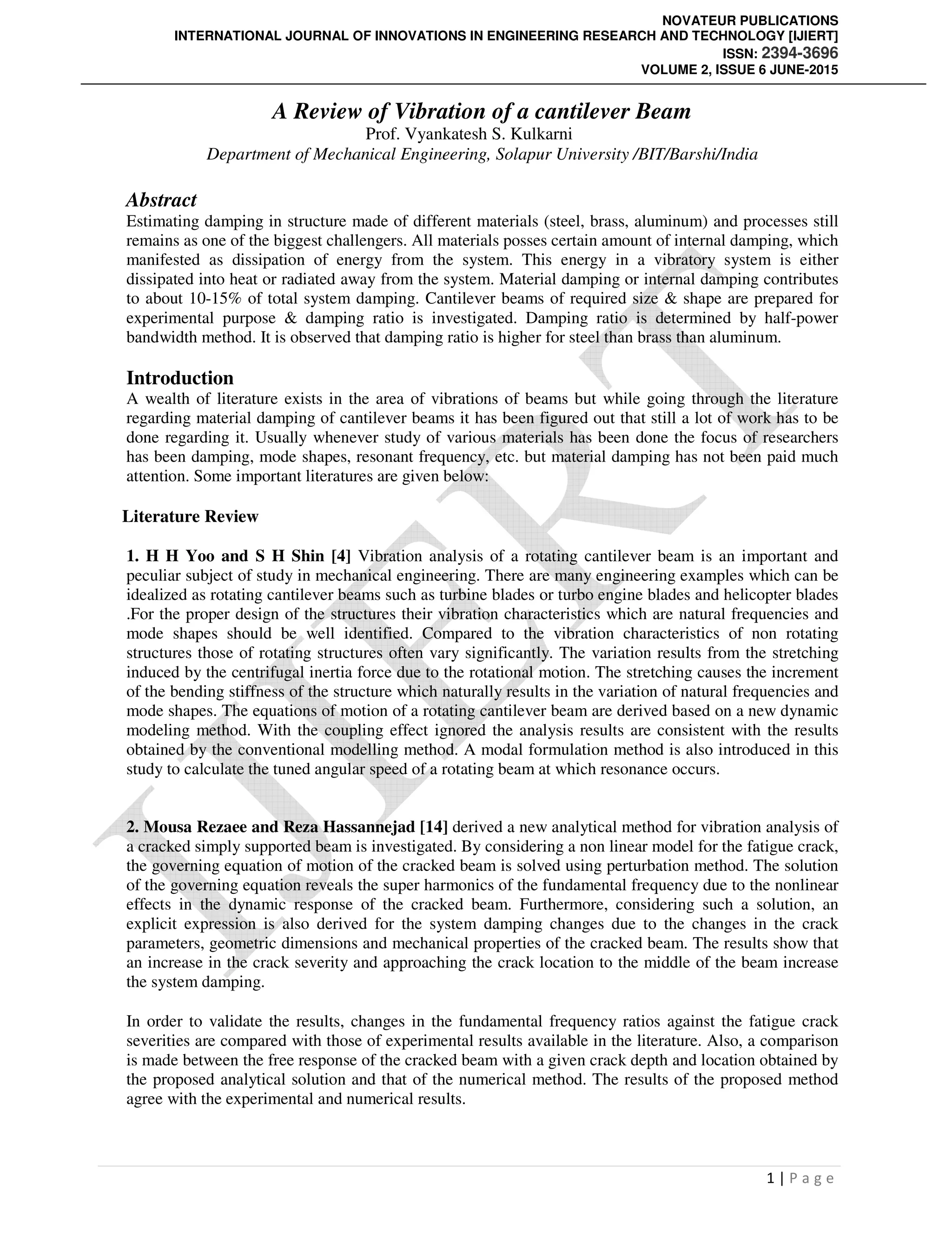 A Review of Vibration of a cantilever Beam | PDF