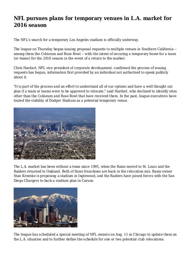 nfl pursues plans for temporary venues in l a market for 2016 season
