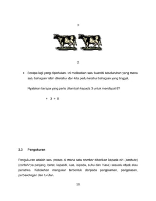 3




                                              2


      •   Berapa lagi yang diperlukan. Ini melibatkan satu kuantiti keseluruhan yang mana
          satu bahagian telah diketahui dan kita perlu ketahui bahagian yang tinggal.


          Nyatakan berapa yang perlu ditambah kepada 3 untuk mendapat 8?


                       + 3 = 8




2.3       Pengukuran


Pengukuran adalah satu proses di mana satu nombor diberikan kepada ciri (attribute)
(contohnya panjang, berat, kapasiti, luas, isipadu, suhu dan masa) sesuatu objek atau
peristiwa.     Kebolehan    mengukur    terbentuk   daripada   pengalaman,     pengelasan,
perbandingan dan turutan.


                                              10
 