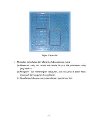 Rajah : Papan Geo


•   Melibatkan pemerhatian dan tafsiran berhubung dengan ruang.
    (a) Memerhati orang lain, tempat dan benda daripada titik pandangan ruang
       yang berbeza.
    (b) Mengalami   dan menerangkan kedudukan, arah dan jarak di dalam kelas
       prasekolah dan bangunan di persekitaran.
    (c) Mentafsir perhubungan ruang dalam lukisan, gambar dan foto.




                                      15
 