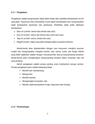 2.1.1 Pengelasan


Pengelasan adalah pengumpulan objek dalam kelas atau subkelas berdasarkan ciri-ciri
yang jelas. Tujuannya untuk memastikan murid dapat membezakan dan mengumpulkan
objek berdasarkan kesamaan dan perbezaan. Klasifikasi objek boleh dilakukan
berdasarkan:
   •   Satu ciri (contoh: warna atau bentuk atau saiz)
   •   Dua ciri (contoh: warna dan bentuk atau warna dan saiz)
   •   Tiga ciri (contoh: warna, bentuk dan saiz)
   •   Negatif (contoh: objek yang tidak terdapat dalam kumpulan tertentu)


       Kanak-kanak akan diperkenalkan dengan cara menyusun mengikut susunan
mudah dan mengumpulkan mengikut bentuk, saiz, warna, corak, dan fungsi. Aktiviti
yang boleh dijalankan adalah dengan mencampurkan semua barang-barang bersama.
Kanak-kanak perlu mengasingkan barang-barang tersebut dalam kumpulan atau set
yang berbeza.
       Aktiviti pengelasan adalah proses penting untuk membentuk konsep nombor.
Proses pengelasan perlu melalui beberapa tahap;
          •    Memilih dan membanding,
          •    Mengumpul,
          •    Memilih semula,
          •    Mengasingkan kumpulan, dan
          •    Memilih objek berdasarkan fungsi, kegunaan atau konsep.




2.1.2 Perbandingan


                                            3
 