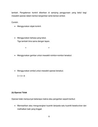 tambah. Pengalaman konkrit diberikan di samping penggunaan yang betul bagi
mewakili operasi dalam bentuk bergambar serta bentuk simbol.


Contoh:

   •   Menggunakan objek konkrit.




   •   Menggunakan bahasa yang betul.
       Tiga tambah lima sama dengan lapan.


                +                        =



   •   Menggunakan gambar untuk mewakili nombor-nombor tersebut.




   •   Menggunakan simbol untuk mewakili operasi tersebut.

       3+5=8




(b) Operasi Tolak


Operasi tolak mempunyai beberapa makna atau pengertian seperti berikut:


   •   Memisahkan atau mengurangkan kuantiti daripada satu kuantiti keseluruhan dan
       melihatkan baki yang tinggal.


                                         8
 