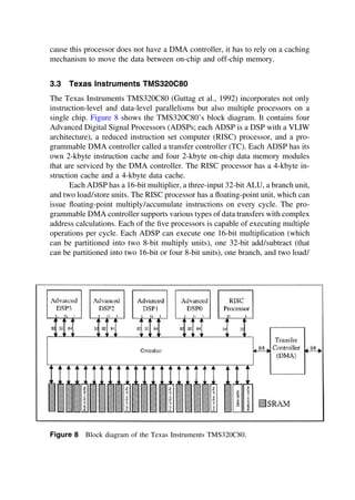 cause this processor does not have a DMA controller, it has to rely on a caching
mechanism to move the data between on-chip and off-chip memory.
3.3 Texas Instruments TMS320C80
The Texas Instruments TMS320C80 (Guttag et al., 1992) incorporates not only
instruction-level and data-level parallelisms but also multiple processors on a
single chip. Figure 8 shows the TMS320C80’s block diagram. It contains four
Advanced Digital Signal Processors (ADSPs; each ADSP is a DSP with a VLIW
architecture), a reduced instruction set computer (RISC) processor, and a pro-
grammable DMA controller called a transfer controller (TC). Each ADSP has its
own 2-kbyte instruction cache and four 2-kbyte on-chip data memory modules
that are serviced by the DMA controller. The RISC processor has a 4-kbyte in-
struction cache and a 4-kbyte data cache.
Each ADSP has a 16-bit multiplier, a three-input 32-bit ALU, a branch unit,
and two load/store units. The RISC processor has a ﬂoating-point unit, which can
issue ﬂoating-point multiply/accumulate instructions on every cycle. The pro-
grammable DMA controller supports various types of data transfers with complex
address calculations. Each of the ﬁve processors is capable of executing multiple
operations per cycle. Each ADSP can execute one 16-bit multiplication (which
can be partitioned into two 8-bit multiply units), one 32-bit add/subtract (that
can be partitioned into two 16-bit or four 8-bit units), one branch, and two load/
Figure 8 Block diagram of the Texas Instruments TMS320C80.
TM
Copyrightn2002byMarcelDekker,Inc.AllRightsReserved.
 