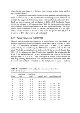 where f is the input image, h is the input kernel, s is the scaling factor, and b is
the convolved image.
The generalized convolution has one division operation for normalizing the
result as shown in Eq. (3). To avoid this time-consuming division operation, we
multiply the reciprocal of the scaling factor with each kernel coefﬁcient before-
hand and then represent each coefﬁcient in 16-bit sQ15 ﬁxed-point format
(1 sign bit followed by 15 fractional bits). With this ﬁxed-point representation
of coefﬁcients, right-shift operations can be used instead of division. The right-
shifted result is saturated to 0 or 255 for the 8-bit output; that is, if the right-
shifted result is less than 0, it is set to zero, and if it is greater than 255, then it
is clipped to 255; otherwise it is left unchanged.
5.1.1 Texas Instruments TMS320C80
Multiply and accumulate operations can be utilized to perform convolution. A
software pipelined convolution algorithm on the TMS320C80 is shown in Table
1 for 3 ⫻ 3 convolution. In the ﬁrst cycle (Cycle 1), a pixel (X0) and a kernel
coefﬁcient (h0) are loaded using the ADSP’s two load/store units. In the next
cycle (Cycle 2), a multiplication is performed with the previously loaded data
(M0 ⫽ X0 h0), whereas new data (X1 and h1) are loaded for the next iteration. In
Cycle 3, the add/subtract unit can start accumulating the result of the previous
multiplication (A0 ⫽ 0 ⫹ M0). Thus, from Cycle 3, all four execution units are
kept busy, utilizing the instruction-level parallelism to the maximum extent. The
load/store units in Cycles 10 and 11 and the multiply unit in Cycle 11 perform
Table 1 TMS320C80’s Software Pipelined Execution of Convolution
with a 3 ⫻ 3 Kernel
Load/store Load/store
Cycle unit 1 unit 2 Multiply unit Add/subtract unit
1 Ld X0 Ld h0
2 Ld X1 Ld h1 M0 ⫽ X0 h0
3 Ld X2 Ld h2 M1 ⫽ X1 h1 A0 ⫽ 0 ⫹ M0
4 Ld X3 Ld h3 M2 ⫽ X2 h2 A1 ⫽ A0 ⫹ M1
5 Ld X4 Ld h4 M3 ⫽ X3 h3 A2 ⫽ A1 ⫹ M2
6 Ld X5 Ld h5 M4 ⫽ X4 h4 A3 ⫽ A2 ⫹ M3
7 Ld X6 Ld h6 M5 ⫽ X5 h5 A4 ⫽ A3 ⫹ M4
8 Ld X7 Ld h7 M6 ⫽ X6 h6 A5 ⫽ A4 ⫹ M5
9 Ld X8 Ld h8 M7 ⫽ X7 h7 A6 ⫽ A5 ⫹ M6
10 Ld X0 Ld h0 M8 ⫽ X8 h8 A7 ⫽ A6 ⫹ M7
11 Ld X1 Ld h1 M0 ⫽ X0 h0 A8 ⫽ A7 ⫹ M8
TM
Copyrightn2002byMarcelDekker,Inc.AllRightsReserved.
 
