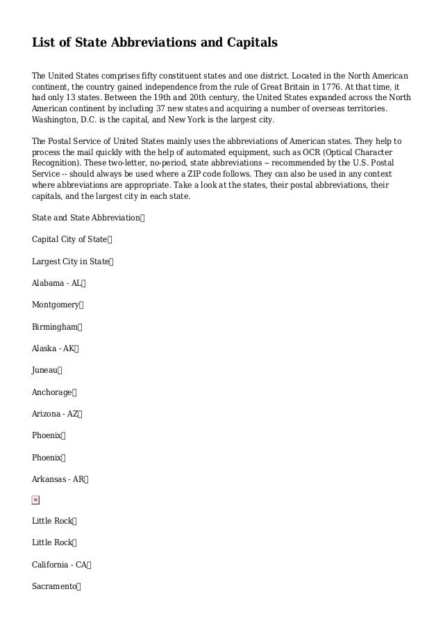 List Of State Abbreviations And Capitals List Of State Abbreviations And Capitals
