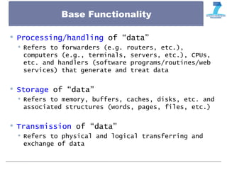 Base Functionality
 Processing/handling of “data”
 Refers to forwarders (e.g. routers, etc.),
computers (e.g., terminals, servers, etc.), CPUs,
etc. and handlers (software programs/routines/web
services) that generate and treat data
 Storage of “data”
 Refers to memory, buffers, caches, disks, etc. and
associated structures (words, pages, files, etc.)
 Transmission of “data”
 Refers to physical and logical transferring and
exchange of data
 