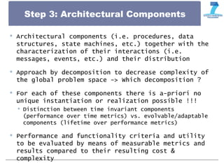 Step 3: Architectural Components
 Architectural components (i.e. procedures, data
structures, state machines, etc.) together with the
characterization of their interactions (i.e.
messages, events, etc.) and their distribution
 Approach by decomposition to decrease complexity of
the global problem space -> Which decomposition ?
 For each of these components there is a-priori no
unique instantiation or realization possible !!!
 Distinction between time invariant components
(performance over time metrics) vs. evolvable/adaptable
components (lifetime over performance metrics)
 Performance and functionality criteria and utility
to be evaluated by means of measurable metrics and
results compared to their resulting cost &
complexity
 