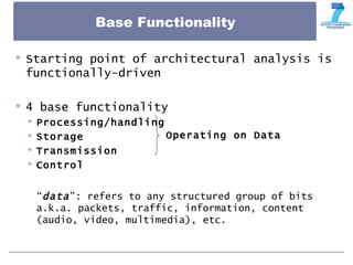 Base Functionality
 Starting point of architectural analysis is
functionally-driven
 4 base functionality
 Processing/handling
 Storage
 Transmission
 Control
“data”: refers to any structured group of bits
a.k.a. packets, traffic, information, content
(audio, video, multimedia), etc.
Operating on Data
 