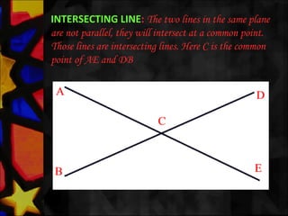 INTERSECTING LINE: The two lines in the same plane
are not parallel, they will intersect at a common point.
Those lines are intersecting lines. Here C is the common
point of AE and DB
 