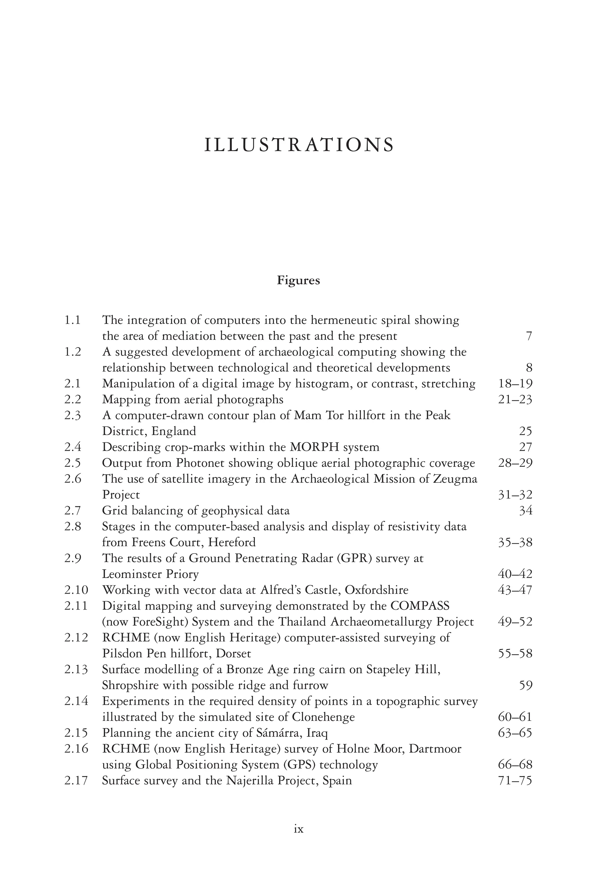 ILLUSTRATIONS
Figures
1.1 The integration of computers into the hermeneutic spiral showing
the area of mediation between the past and the present 7
1.2 A suggested development of archaeological computing showing the
relationship between technological and theoretical developments 8
2.1 Manipulation of a digital image by histogram, or contrast, stretching 18–19
2.2 Mapping from aerial photographs 21–23
2.3 A computer-drawn contour plan of Mam Tor hillfort in the Peak
District, England 25
2.4 Describing crop-marks within the MORPH system 27
2.5 Output from Photonet showing oblique aerial photographic coverage 28–29
2.6 The use of satellite imagery in the Archaeological Mission of Zeugma
Project 31–32
2.7 Grid balancing of geophysical data 34
2.8 Stages in the computer-based analysis and display of resistivity data
from Freens Court, Hereford 35–38
2.9 The results of a Ground Penetrating Radar (GPR) survey at
Leominster Priory 40–42
2.10 Working with vector data at Alfred’s Castle, Oxfordshire 43–47
2.11 Digital mapping and surveying demonstrated by the COMPASS
(now ForeSight) System and the Thailand Archaeometallurgy Project 49–52
2.12 RCHME (now English Heritage) computer-assisted surveying of
Pilsdon Pen hillfort, Dorset 55–58
2.13 Surface modelling of a Bronze Age ring cairn on Stapeley Hill,
Shropshire with possible ridge and furrow 59
2.14 Experiments in the required density of points in a topographic survey
illustrated by the simulated site of Clonehenge 60–61
2.15 Planning the ancient city of Sámárra, Iraq 63–65
2.16 RCHME (now English Heritage) survey of Holne Moor, Dartmoor
using Global Positioning System (GPS) technology 66–68
2.17 Surface survey and the Najerilla Project, Spain 71–75
ix
A R C H A E O L O G Y A N D C O M P U T E R S
 