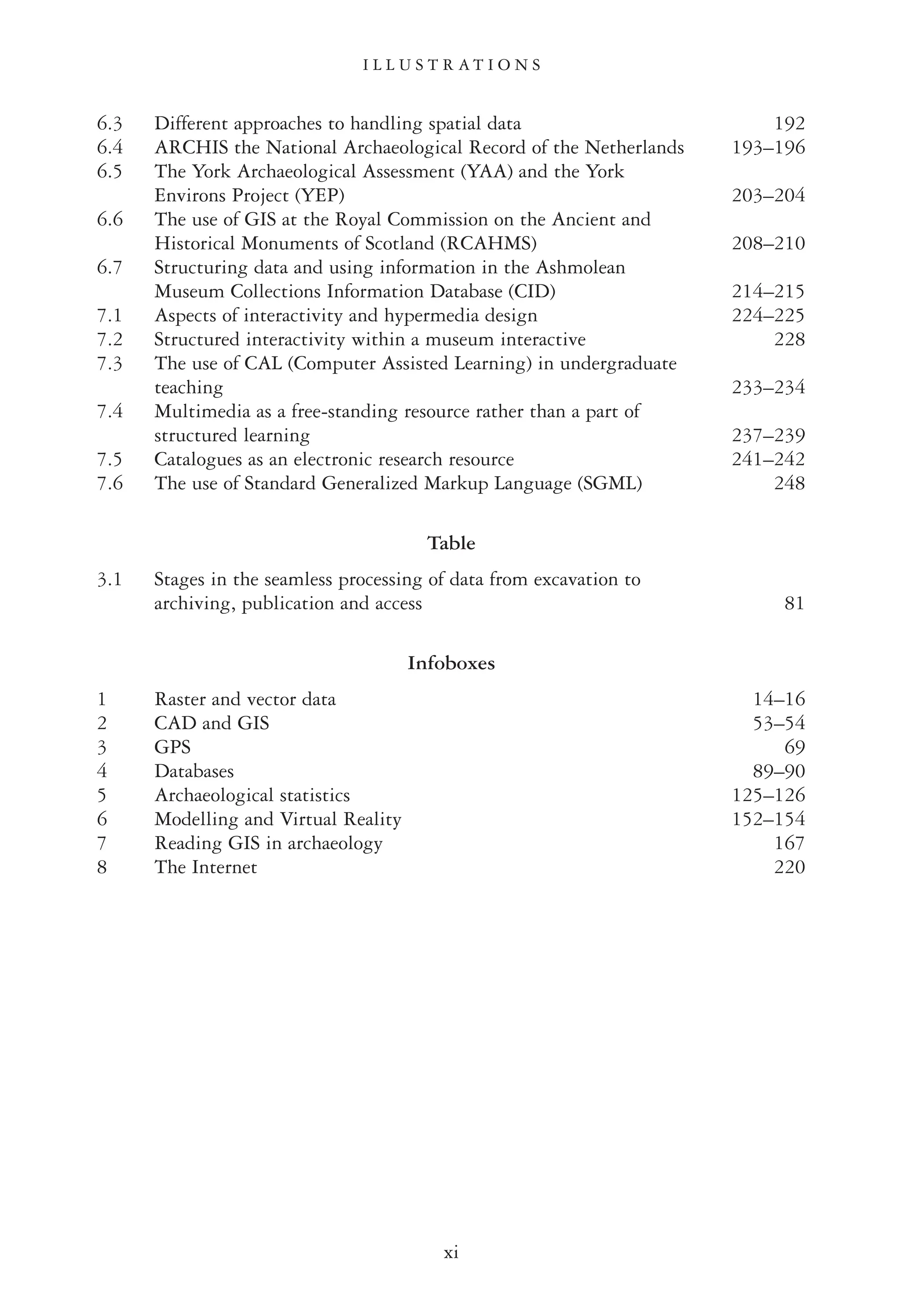 6.3 Different approaches to handling spatial data 192
6.4 ARCHIS the National Archaeological Record of the Netherlands 193–196
6.5 The York Archaeological Assessment (YAA) and the York
Environs Project (YEP) 203–204
6.6 The use of GIS at the Royal Commission on the Ancient and
Historical Monuments of Scotland (RCAHMS) 208–210
6.7 Structuring data and using information in the Ashmolean
Museum Collections Information Database (CID) 214–215
7.1 Aspects of interactivity and hypermedia design 224–225
7.2 Structured interactivity within a museum interactive 228
7.3 The use of CAL (Computer Assisted Learning) in undergraduate
teaching 233–234
7.4 Multimedia as a free-standing resource rather than a part of
structured learning 237–239
7.5 Catalogues as an electronic research resource 241–242
7.6 The use of Standard Generalized Markup Language (SGML) 248
Table
3.1 Stages in the seamless processing of data from excavation to
archiving, publication and access 81
Infoboxes
1 Raster and vector data 14–16
2 CAD and GIS 53–54
3 GPS 69
4 Databases 89–90
5 Archaeological statistics 125–126
6 Modelling and Virtual Reality 152–154
7 Reading GIS in archaeology 167
8 The Internet 220
xi
I L L U S T R A T I O N S
 