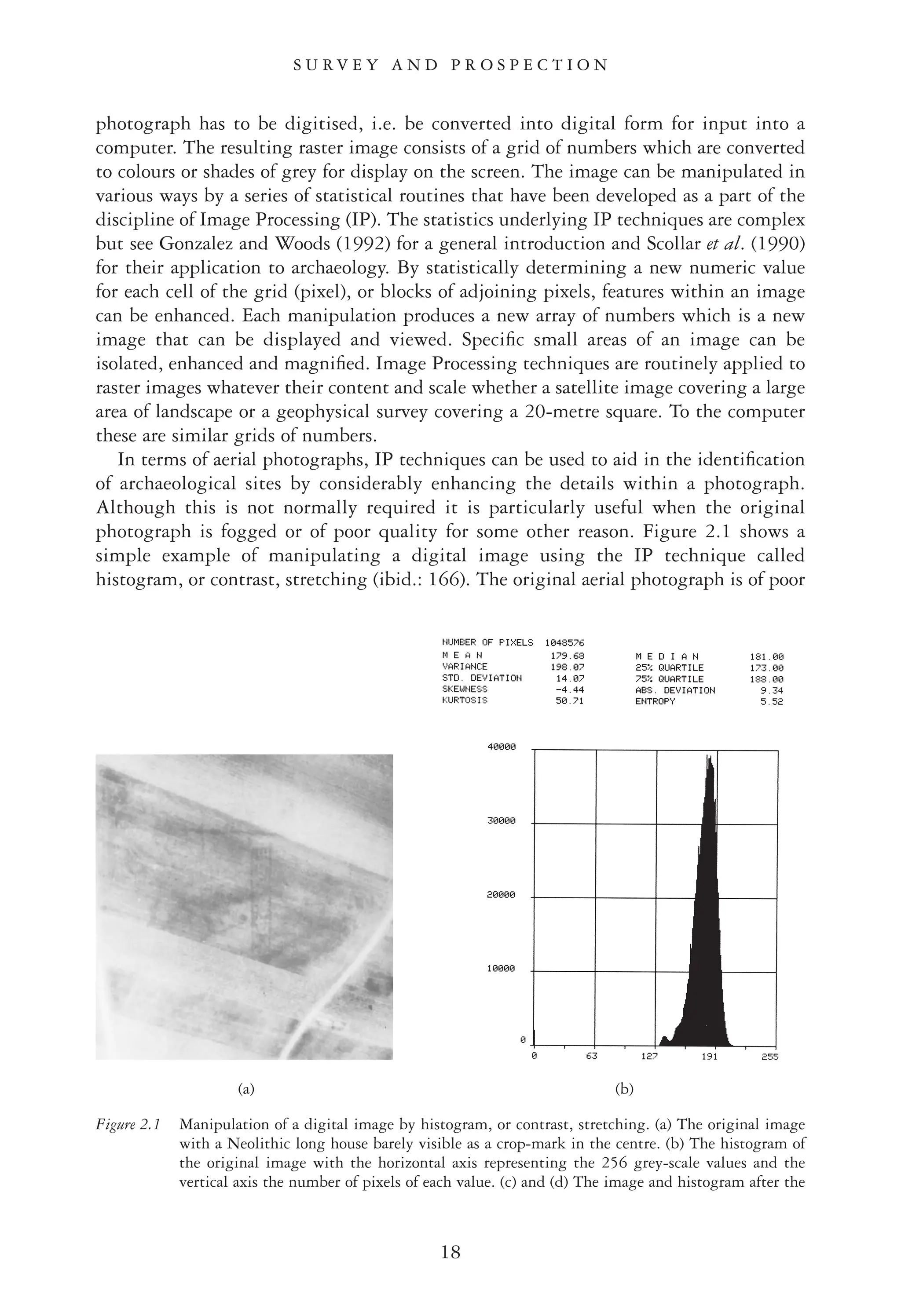 photograph has to be digitised, i.e. be converted into digital form for input into a
computer. The resulting raster image consists of a grid of numbers which are converted
to colours or shades of grey for display on the screen. The image can be manipulated in
various ways by a series of statistical routines that have been developed as a part of the
discipline of Image Processing (IP). The statistics underlying IP techniques are complex
but see Gonzalez and Woods (1992) for a general introduction and Scollar et al. (1990)
for their application to archaeology. By statistically determining a new numeric value
for each cell of the grid (pixel), or blocks of adjoining pixels, features within an image
can be enhanced. Each manipulation produces a new array of numbers which is a new
image that can be displayed and viewed. Speciﬁc small areas of an image can be
isolated, enhanced and magniﬁed. Image Processing techniques are routinely applied to
raster images whatever their content and scale whether a satellite image covering a large
area of landscape or a geophysical survey covering a 20-metre square. To the computer
these are similar grids of numbers.
In terms of aerial photographs, IP techniques can be used to aid in the identiﬁcation
of archaeological sites by considerably enhancing the details within a photograph.
Although this is not normally required it is particularly useful when the original
photograph is fogged or of poor quality for some other reason. Figure 2.1 shows a
simple example of manipulating a digital image using the IP technique called
histogram, or contrast, stretching (ibid.: 166). The original aerial photograph is of poor
S U R V E Y A N D P R O S P E C T I O N
18
Figure 2.1 Manipulation of a digital image by histogram, or contrast, stretching. (a) The original image
with a Neolithic long house barely visible as a crop-mark in the centre. (b) The histogram of
the original image with the horizontal axis representing the 256 grey-scale values and the
vertical axis the number of pixels of each value. (c) and (d) The image and histogram after the
(a) (b)
 