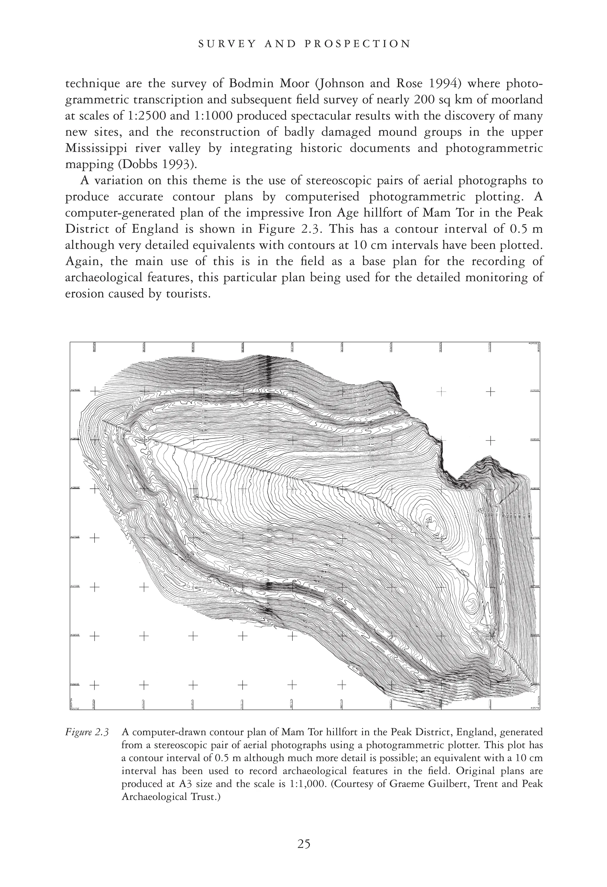 technique are the survey of Bodmin Moor (Johnson and Rose 1994) where photo-
grammetric transcription and subsequent ﬁeld survey of nearly 200 sq km of moorland
at scales of 1:2500 and 1:1000 produced spectacular results with the discovery of many
new sites, and the reconstruction of badly damaged mound groups in the upper
Mississippi river valley by integrating historic documents and photogrammetric
mapping (Dobbs 1993).
A variation on this theme is the use of stereoscopic pairs of aerial photographs to
produce accurate contour plans by computerised photogrammetric plotting. A
computer-generated plan of the impressive Iron Age hillfort of Mam Tor in the Peak
District of England is shown in Figure 2.3. This has a contour interval of 0.5 m
although very detailed equivalents with contours at 10 cm intervals have been plotted.
Again, the main use of this is in the ﬁeld as a base plan for the recording of
archaeological features, this particular plan being used for the detailed monitoring of
erosion caused by tourists.
25
S U R V E Y A N D P R O S P E C T I O N
Figure 2.3 A computer-drawn contour plan of Mam Tor hillfort in the Peak District, England, generated
from a stereoscopic pair of aerial photographs using a photogrammetric plotter. This plot has
a contour interval of 0.5 m although much more detail is possible; an equivalent with a 10 cm
interval has been used to record archaeological features in the ﬁeld. Original plans are
produced at A3 size and the scale is 1:1,000. (Courtesy of Graeme Guilbert, Trent and Peak
Archaeological Trust.)
 
