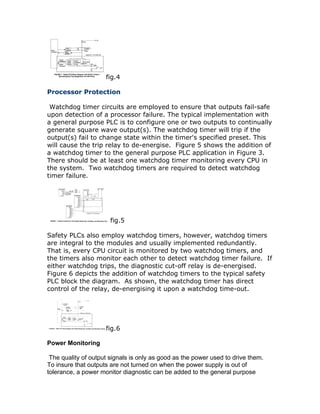 fig.4
Processor Protection
Watchdog timer circuits are employed to ensure that outputs fail-safe
upon detection of a processor failure. The typical implementation with
a general purpose PLC is to configure one or two outputs to continually
generate square wave output(s). The watchdog timer will trip if the
output(s) fail to change state within the timer's specified preset. This
will cause the trip relay to de-energise. Figure 5 shows the addition of
a watchdog timer to the general purpose PLC application in Figure 3.
There should be at least one watchdog timer monitoring every CPU in
the system. Two watchdog timers are required to detect watchdog
timer failure.
fig.5
Safety PLCs also employ watchdog timers, however, watchdog timers
are integral to the modules and usually implemented redundantly.
That is, every CPU circuit is monitored by two watchdog timers, and
the timers also monitor each other to detect watchdog timer failure. If
either watchdog trips, the diagnostic cut-off relay is de-energised.
Figure 6 depicts the addition of watchdog timers to the typical safety
PLC block the diagram. As shown, the watchdog timer has direct
control of the relay, de-energising it upon a watchdog time-out.
fig.6
Power Monitoring
The quality of output signals is only as good as the power used to drive them.
To insure that outputs are not turned on when the power supply is out of
tolerance, a power monitor diagnostic can be added to the general purpose
 