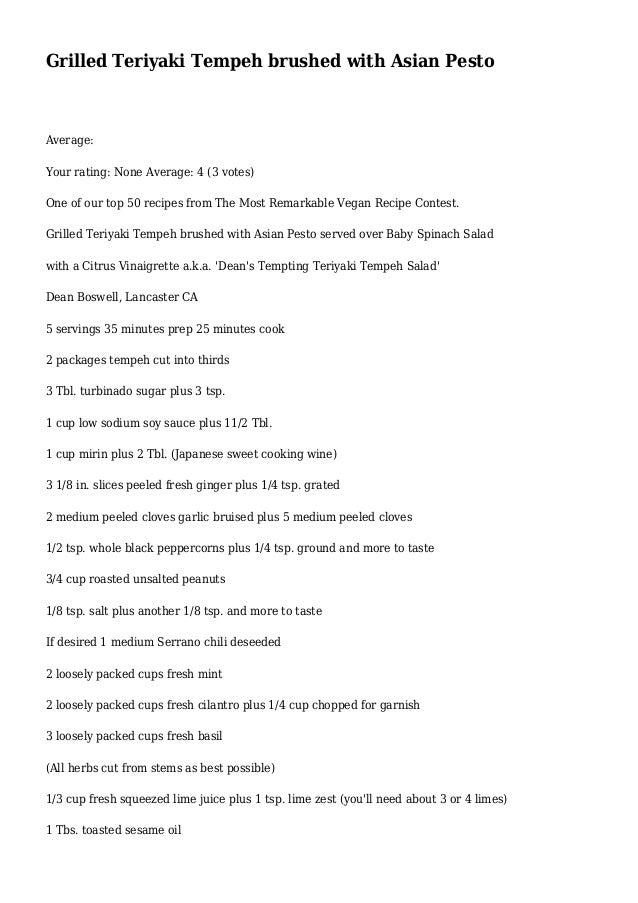 Grilled Teriyaki Tempeh Brushed With Asian Pesto