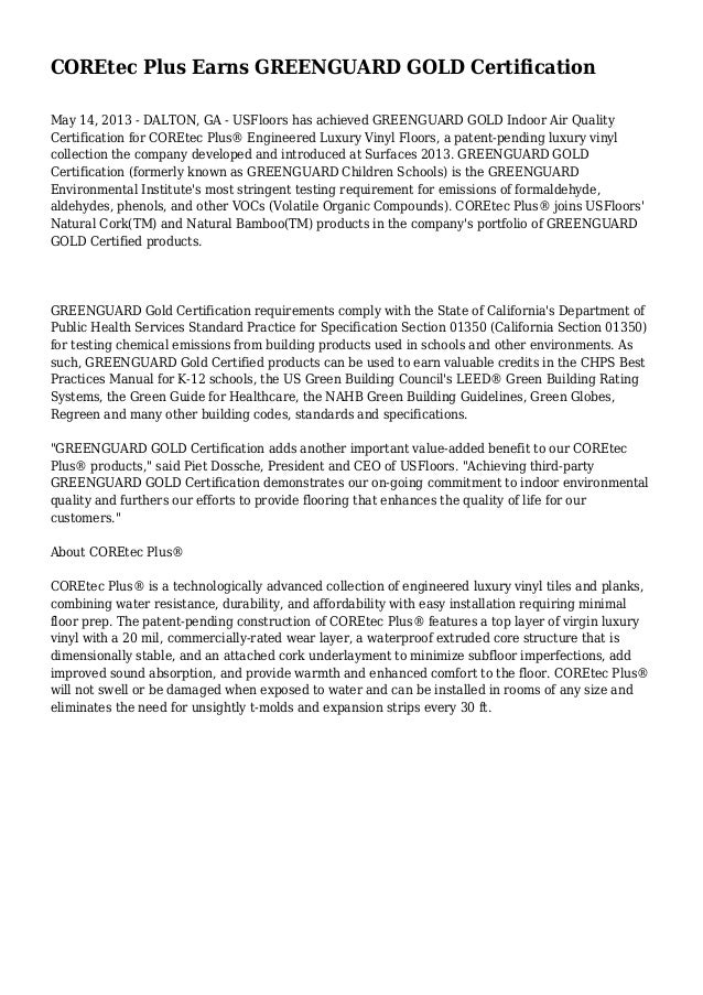 Coretec Plus Earns Greenguard Gold Certification