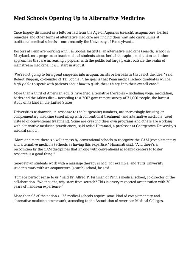 Med Schools Opening Up to Alternative Medicine