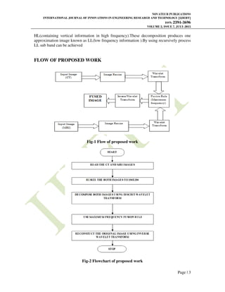 NOVATEUR PUBLICATIONS
INTERNATIONAL JOURNAL OF INNOVATIONS IN ENGINEERING RESEARCH AND TECHNOLOGY [IJIERT]
ISSN: 2394-3696
VOLUME 2, ISSUE 7, JULY-2015
Page | 3
HL(containing vertical information in high frequency).These decomposition produces one
approximation image known as LL(low frequency information ).By using recursively process
LL sub band can be achieved
FLOW OF PROPOSED WORK
Fig-1 Flow of proposed work
Fig-2 Flowchart of proposed work
 