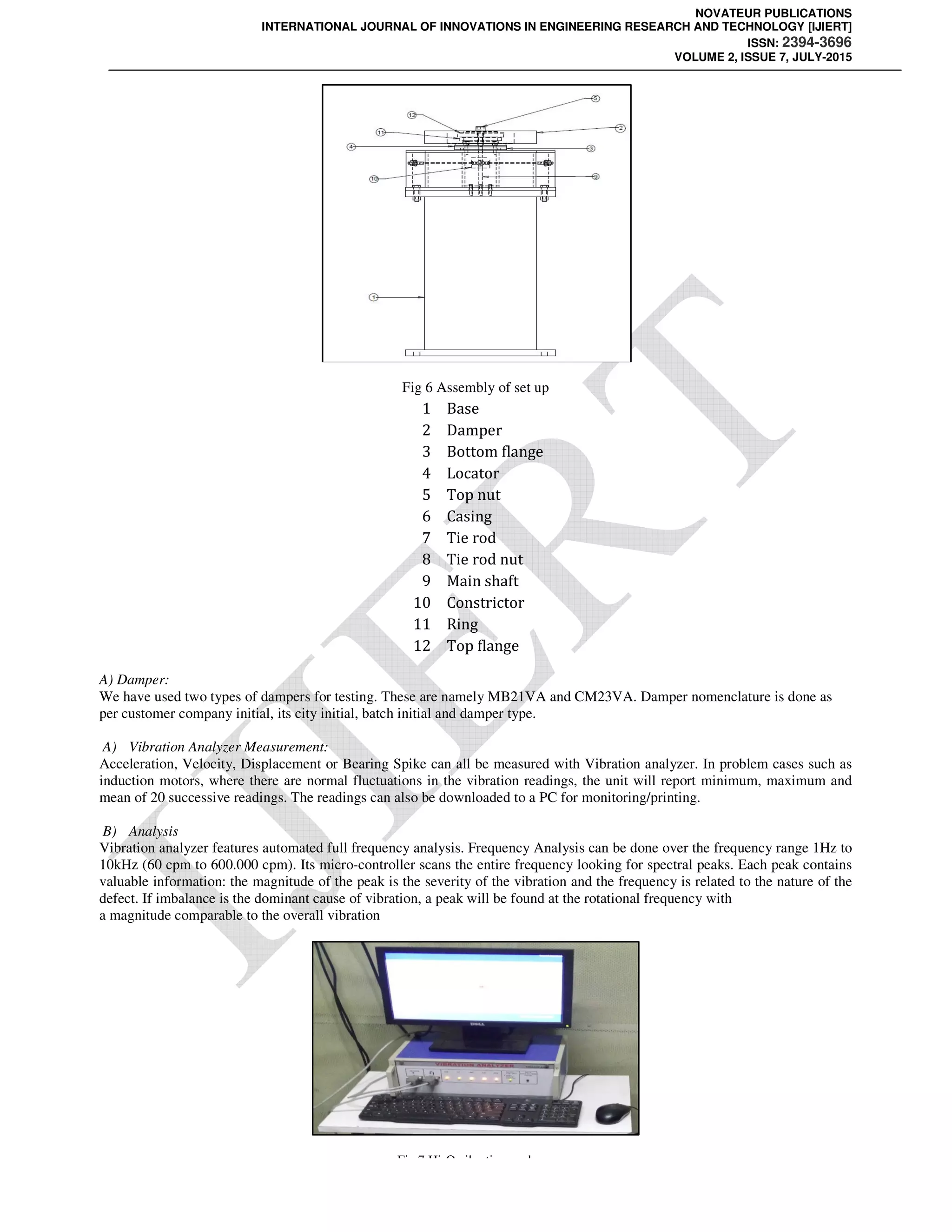 NOVATEUR PUBLICATIONS
INTERNATIONAL JOURNAL OF INNOVATIONS IN ENGINEERING RESEARCH AND TECHNOLOGY [IJIERT]
ISSN: 2394-3696
VOLUME 2, ISSUE 7, JULY-2015
Fig 6 Assembly of set up
1 Base
2 Damper
3 Bottom flange
4 Locator
5 Top nut
6 Casing
7 Tie rod
8 Tie rod nut
9 Main shaft
10 Constrictor
11 Ring
12 Top flange
A) Damper:
We have used two types of dampers for testing. These are namely MB21VA and CM23VA. Damper nomenclature is done as
per customer company initial, its city initial, batch initial and damper type.
A) Vibration Analyzer Measurement:
Acceleration, Velocity, Displacement or Bearing Spike can all be measured with Vibration analyzer. In problem cases such as
induction motors, where there are normal fluctuations in the vibration readings, the unit will report minimum, maximum and
mean of 20 successive readings. The readings can also be downloaded to a PC for monitoring/printing.
B) Analysis
Vibration analyzer features automated full frequency analysis. Frequency Analysis can be done over the frequency range 1Hz to
10kHz (60 cpm to 600.000 cpm). Its micro-controller scans the entire frequency looking for spectral peaks. Each peak contains
valuable information: the magnitude of the peak is the severity of the vibration and the frequency is related to the nature of the
defect. If imbalance is the dominant cause of vibration, a peak will be found at the rotational frequency with
a magnitude comparable to the overall vibration
Fig.7 Hi-Q vibration analyzer
 