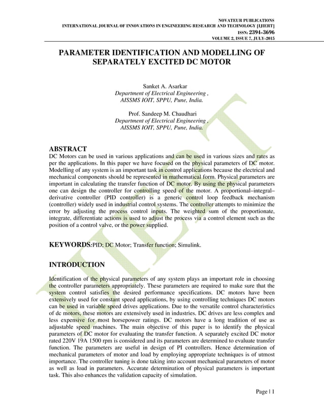 PARAMETER IDENTIFICATION AND MODELLING OF SEPARATELY EXCITED DC MOTOR | PDF