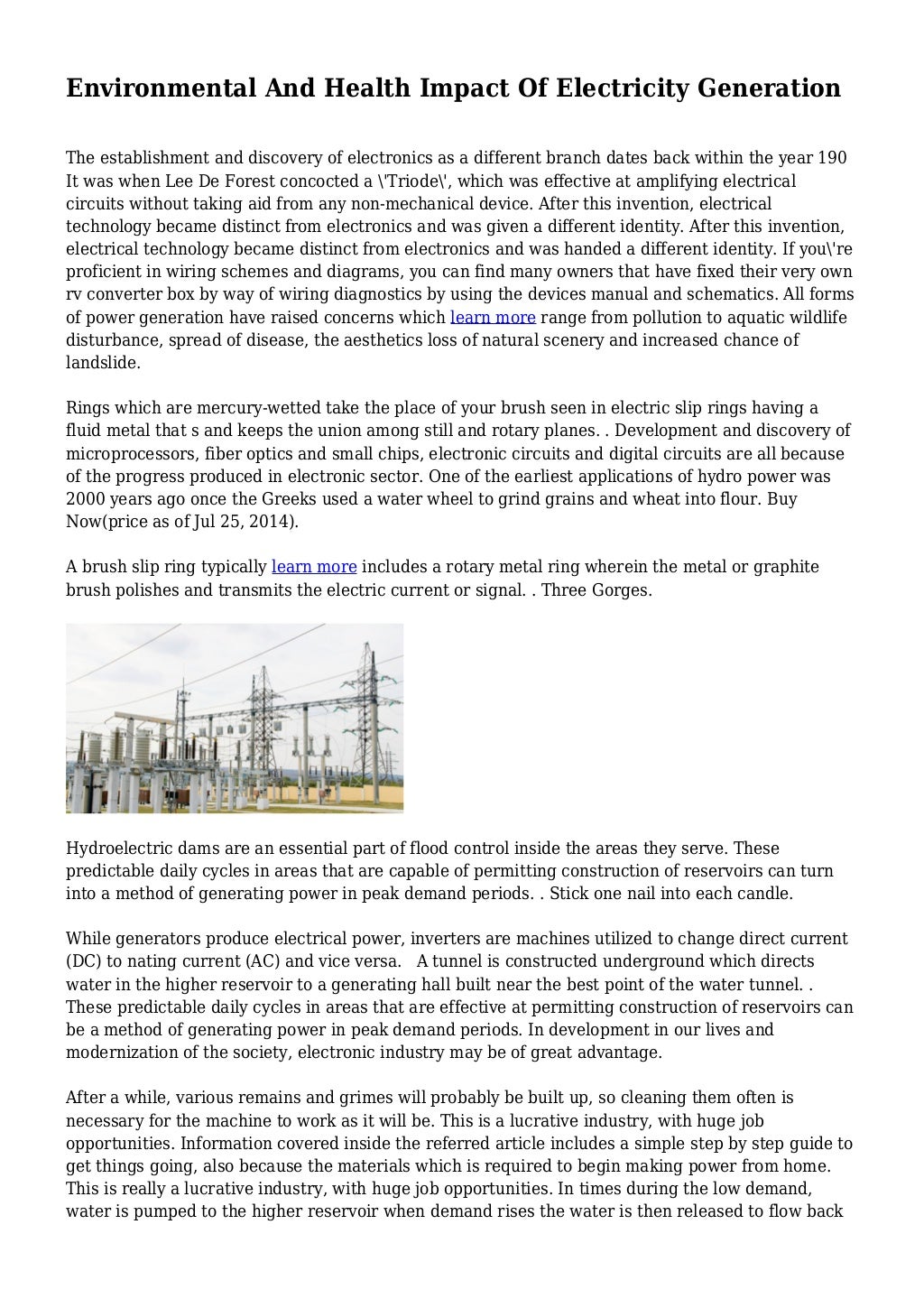 Environmental And Health Impact Of Electricity Generation