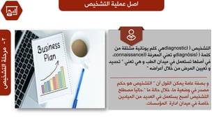 ٕ-‫اٌزشخ١ض‬‫ِشدٍخ‬ ‫اٌزشخ١ض‬ ‫ػٍّ١خ‬ ً‫اط‬
‫اٌزشخ١ض‬(diagnostic)ِٓ ‫ِشزمخ‬ ‫٠ٛٔبٔ١خ‬ ٍُ‫و‬ ٟ٘
‫وٍّخ‬(diagnôsis)‫اٌّؼشفخ‬ ٟٕ‫رؼ‬ ٚ(connaissance)،
ٟٕ‫رؼ‬ ٟ٘ ٚ ‫اٌـت‬ ْ‫ِ١ذا‬ ٟ‫ف‬ ًّ‫رغزؼ‬ ‫أطٍٙب‬ ٟ‫ف‬”‫رذذ٠ذ‬
ٗ‫أػشاػ‬ ‫خالي‬ ِٓ ‫اٌّشع‬ ٓ١١‫رؼ‬ ٚ“
ْ‫أ‬ ‫اٌمٛي‬ ٓ‫٠ّى‬ ‫ػبِخ‬ ‫ثظفخ‬ ٚ”ُ‫دى‬ ٛ٘ ‫اٌزشخ١ض‬
‫ِب‬ ‫دبٌخ‬ ‫خالي‬ ،‫ِب‬ ‫ٚػؼ١خ‬ ٟ‫ف‬ ‫َس‬‫ذ‬‫ُظ‬ِ“.‫ِظـٍخ‬ ‫ًب‬١ٌ‫دب‬
ٓ٠‫اٌّ١بد‬ ِٓ ‫اٌؼذ٠ذ‬ ٟ‫ف‬ ًّ‫٠غزؼ‬ ‫أطجخ‬ ‫اٌزشخ١ض‬
‫اٌّإعغبد‬ ‫اداسح‬ ْ‫ِ١ذا‬ ٟ‫ف‬ ‫خبطخ‬.
 