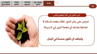 32
‫ِمذِخ‬
‫دٛي‬ ‫ػِّٛ١بد‬
ً١ٍ‫اٌزذ‬
‫اٌّزـٍجبد‬
‫اٌؼشٚس٠خ‬
‫ِىٛٔبد‬
ً١ٍ‫اٌزذ‬
ٟ‫ف‬ ‫اٌزـج١مبد‬
ٞ‫اٌخ١ش‬ ‫اٌمـبع‬
ٍٝ‫ػ‬ ‫ادشص‬‫ثزي‬‫ال‬ ٗ‫شــبل‬ ِّٗٙ ‫فزٍه‬ ‫اٌخ١ش‬
ٟ‫ف‬ ٜ‫أخش‬ ‫ِّٙخ‬ ٞ‫أ‬ ٗ‫ِشـم‬ ‫رؼذٌٙب‬‫اٌـذـ١ـبح‬
‫اٌجزي‬ ٟ‫ف‬ ‫ِذغٕب‬ ْٛ‫رى‬ ْ‫ا‬ ‫ٚاعزٙذ‬
‫ٌٍٕبط‬ ُٙ‫أٔفؼ‬ ‫اهلل‬ ٌٝ‫ئ‬ ‫إٌبط‬ ‫أدت‬
 