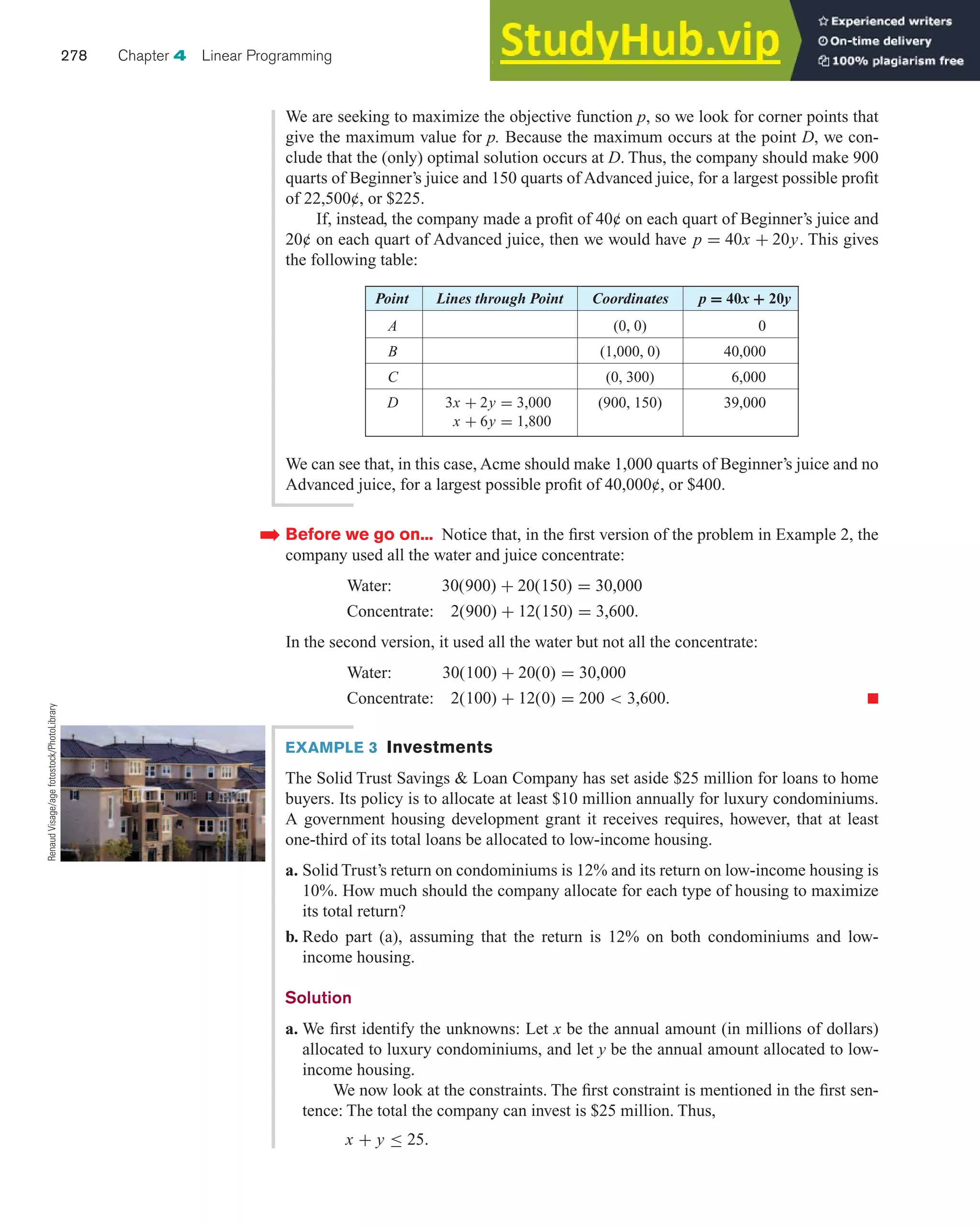 We can see that, in this case, Acme should make 1,000 quarts of Beginner’s juice and no
Advanced juice, for a largest possible profit of 40,000¢, or $400.
278 Chapter 4 Linear Programming
We are seeking to maximize the objective function p, so we look for corner points that
give the maximum value for p. Because the maximum occurs at the point D, we con-
clude that the (only) optimal solution occurs at D. Thus, the company should make 900
quarts of Beginner’s juice and 150 quarts of Advanced juice, for a largest possible profit
of 22,500¢, or $225.
If, instead, the company made a profit of 40¢ on each quart of Beginner’s juice and
20¢ on each quart of Advanced juice, then we would have p = 40x + 20y. This gives
the following table:
Point Lines through Point Coordinates p = 40x + 20y
A (0, 0) 0
B (1,000, 0) 40,000
C (0, 300) 6,000
D 3x + 2y = 3,000 (900, 150) 39,000
x + 6y = 1,800
Before we go on... Notice that, in the first version of the problem in Example 2, the
company used all the water and juice concentrate:
Water: 30(900) + 20(150) = 30,000
Concentrate: 2(900) + 12(150) = 3,600.
In the second version, it used all the water but not all the concentrate:
Water: 30(100) + 20(0) = 30,000
Concentrate: 2(100) + 12(0) = 200  3,600. 쮿
➡
EXAMPLE 3 Investments
The Solid Trust Savings  Loan Company has set aside $25 million for loans to home
buyers. Its policy is to allocate at least $10 million annually for luxury condominiums.
A government housing development grant it receives requires, however, that at least
one-third of its total loans be allocated to low-income housing.
a. Solid Trust’s return on condominiums is 12% and its return on low-income housing is
10%. How much should the company allocate for each type of housing to maximize
its total return?
b. Redo part (a), assuming that the return is 12% on both condominiums and low-
income housing.
Solution
a. We first identify the unknowns: Let x be the annual amount (in millions of dollars)
allocated to luxury condominiums, and let y be the annual amount allocated to low-
income housing.
We now look at the constraints. The first constraint is mentioned in the first sen-
tence: The total the company can invest is $25 million. Thus,
x + y ≤ 25.
Renaud
Visage/age
fotostock/PhotoLibrary
 