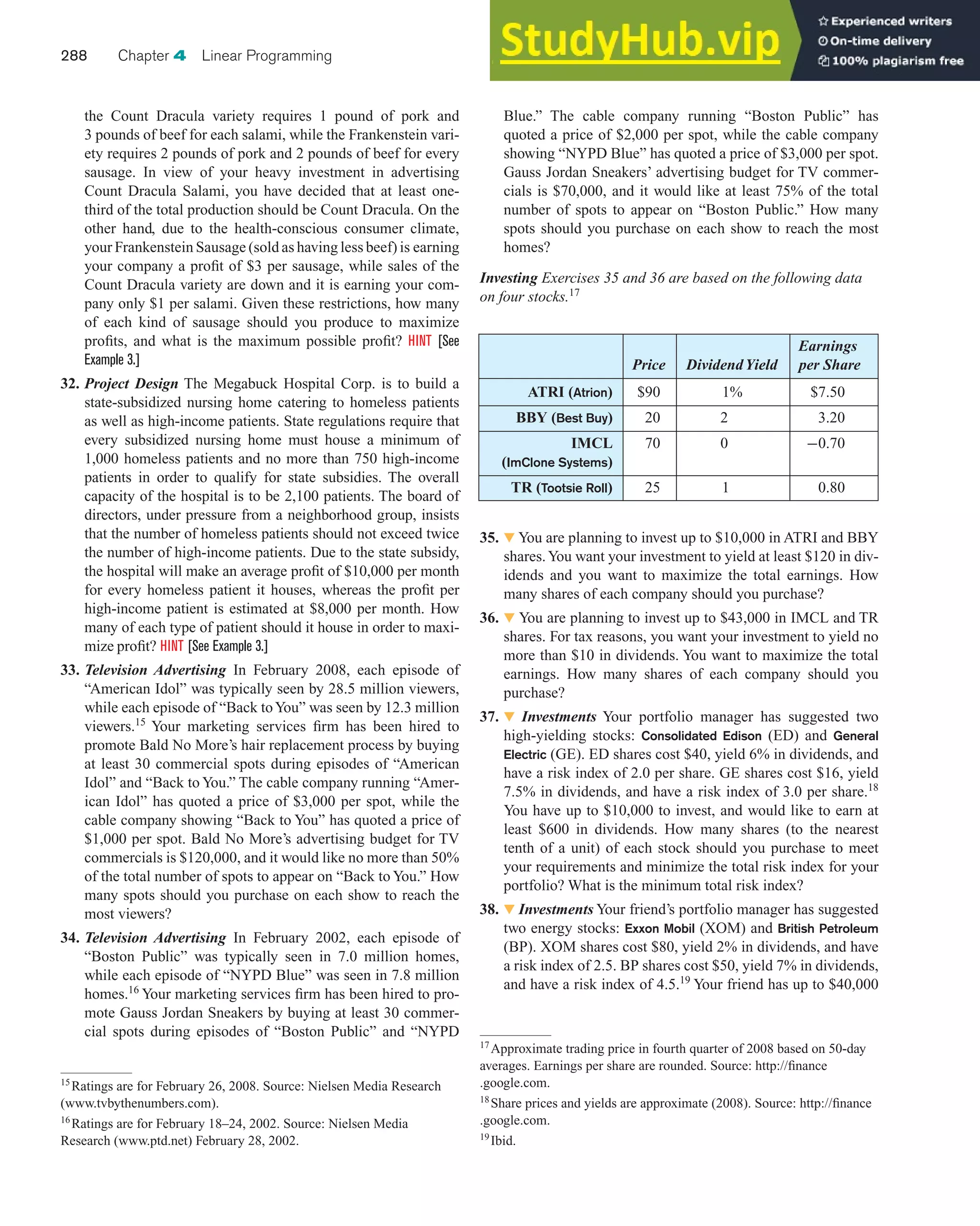 the Count Dracula variety requires 1 pound of pork and
3 pounds of beef for each salami, while the Frankenstein vari-
ety requires 2 pounds of pork and 2 pounds of beef for every
sausage. In view of your heavy investment in advertising
Count Dracula Salami, you have decided that at least one-
third of the total production should be Count Dracula. On the
other hand, due to the health-conscious consumer climate,
your Frankenstein Sausage (sold as having less beef) is earning
your company a profit of $3 per sausage, while sales of the
Count Dracula variety are down and it is earning your com-
pany only $1 per salami. Given these restrictions, how many
of each kind of sausage should you produce to maximize
profits, and what is the maximum possible profit? HINT [See
Example 3.]
32. Project Design The Megabuck Hospital Corp. is to build a
state-subsidized nursing home catering to homeless patients
as well as high-income patients. State regulations require that
every subsidized nursing home must house a minimum of
1,000 homeless patients and no more than 750 high-income
patients in order to qualify for state subsidies. The overall
capacity of the hospital is to be 2,100 patients. The board of
directors, under pressure from a neighborhood group, insists
that the number of homeless patients should not exceed twice
the number of high-income patients. Due to the state subsidy,
the hospital will make an average profit of $10,000 per month
for every homeless patient it houses, whereas the profit per
high-income patient is estimated at $8,000 per month. How
many of each type of patient should it house in order to maxi-
mize profit? HINT [See Example 3.]
33. Television Advertising In February 2008, each episode of
“American Idol” was typically seen by 28.5 million viewers,
while each episode of “Back toYou” was seen by 12.3 million
viewers.15
Your marketing services firm has been hired to
promote Bald No More’s hair replacement process by buying
at least 30 commercial spots during episodes of “American
Idol” and “Back to You.” The cable company running “Amer-
ican Idol” has quoted a price of $3,000 per spot, while the
cable company showing “Back to You” has quoted a price of
$1,000 per spot. Bald No More’s advertising budget for TV
commercials is $120,000, and it would like no more than 50%
of the total number of spots to appear on “Back to You.” How
many spots should you purchase on each show to reach the
most viewers?
34. Television Advertising In February 2002, each episode of
“Boston Public” was typically seen in 7.0 million homes,
while each episode of “NYPD Blue” was seen in 7.8 million
homes.16
Your marketing services firm has been hired to pro-
mote Gauss Jordan Sneakers by buying at least 30 commer-
cial spots during episodes of “Boston Public” and “NYPD
Blue.” The cable company running “Boston Public” has
quoted a price of $2,000 per spot, while the cable company
showing “NYPD Blue” has quoted a price of $3,000 per spot.
Gauss Jordan Sneakers’ advertising budget for TV commer-
cials is $70,000, and it would like at least 75% of the total
number of spots to appear on “Boston Public.” How many
spots should you purchase on each show to reach the most
homes?
Investing Exercises 35 and 36 are based on the following data
on four stocks.17
288 Chapter 4 Linear Programming
15
Ratings are for February 26, 2008. Source: Nielsen Media Research
(www.tvbythenumbers.com).
16
Ratings are for February 18–24, 2002. Source: Nielsen Media
Research (www.ptd.net) February 28, 2002.
17
Approximate trading price in fourth quarter of 2008 based on 50-day
averages. Earnings per share are rounded. Source: http://finance
.google.com.
18
Share prices and yields are approximate (2008). Source: http://finance
.google.com.
19
Ibid.
Earnings
Price DividendYield per Share
ATRI (Atrion) $90 1% $7.50
BBY (Best Buy) 20 2 3.20
IMCL 70 0 −0.70
(ImClone Systems)
TR (Tootsie Roll) 25 1 0.80
35. 왔 You are planning to invest up to $10,000 in ATRI and BBY
shares.You want your investment to yield at least $120 in div-
idends and you want to maximize the total earnings. How
many shares of each company should you purchase?
36. 왔 You are planning to invest up to $43,000 in IMCL and TR
shares. For tax reasons, you want your investment to yield no
more than $10 in dividends. You want to maximize the total
earnings. How many shares of each company should you
purchase?
37. 왔 Investments Your portfolio manager has suggested two
high-yielding stocks: Consolidated Edison (ED) and General
Electric (GE). ED shares cost $40, yield 6% in dividends, and
have a risk index of 2.0 per share. GE shares cost $16, yield
7.5% in dividends, and have a risk index of 3.0 per share.18
You have up to $10,000 to invest, and would like to earn at
least $600 in dividends. How many shares (to the nearest
tenth of a unit) of each stock should you purchase to meet
your requirements and minimize the total risk index for your
portfolio? What is the minimum total risk index?
38. 왔 Investments Your friend’s portfolio manager has suggested
two energy stocks: Exxon Mobil (XOM) and British Petroleum
(BP). XOM shares cost $80, yield 2% in dividends, and have
a risk index of 2.5. BP shares cost $50, yield 7% in dividends,
and have a risk index of 4.5.19
Your friend has up to $40,000
 