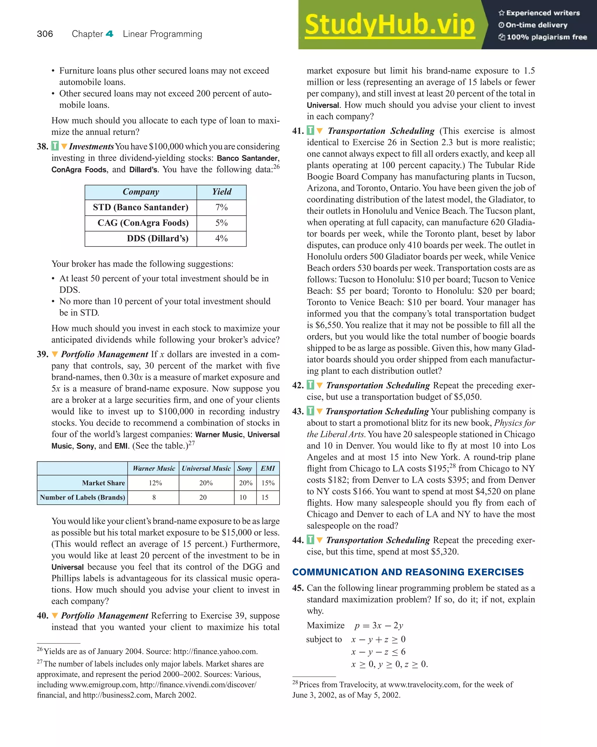 • Furniture loans plus other secured loans may not exceed
automobile loans.
• Other secured loans may not exceed 200 percent of auto-
mobile loans.
How much should you allocate to each type of loan to maxi-
mize the annual return?
38. 왔InvestmentsYouhave$100,000whichyouareconsidering
investing in three dividend-yielding stocks: Banco Santander,
ConAgra Foods, and Dillard’s. You have the following data:26
market exposure but limit his brand-name exposure to 1.5
million or less (representing an average of 15 labels or fewer
per company), and still invest at least 20 percent of the total in
Universal. How much should you advise your client to invest
in each company?
41. 왔 Transportation Scheduling (This exercise is almost
identical to Exercise 26 in Section 2.3 but is more realistic;
one cannot always expect to fill all orders exactly, and keep all
plants operating at 100 percent capacity.) The Tubular Ride
Boogie Board Company has manufacturing plants in Tucson,
Arizona, and Toronto, Ontario.You have been given the job of
coordinating distribution of the latest model, the Gladiator, to
their outlets in Honolulu and Venice Beach. The Tucson plant,
when operating at full capacity, can manufacture 620 Gladia-
tor boards per week, while the Toronto plant, beset by labor
disputes, can produce only 410 boards per week. The outlet in
Honolulu orders 500 Gladiator boards per week, while Venice
Beach orders 530 boards per week. Transportation costs are as
follows: Tucson to Honolulu: $10 per board; Tucson to Venice
Beach: $5 per board; Toronto to Honolulu: $20 per board;
Toronto to Venice Beach: $10 per board. Your manager has
informed you that the company’s total transportation budget
is $6,550. You realize that it may not be possible to fill all the
orders, but you would like the total number of boogie boards
shipped to be as large as possible. Given this, how many Glad-
iator boards should you order shipped from each manufactur-
ing plant to each distribution outlet?
42. 왔 Transportation Scheduling Repeat the preceding exer-
cise, but use a transportation budget of $5,050.
43. 왔 Transportation Scheduling Your publishing company is
about to start a promotional blitz for its new book, Physics for
the LiberalArts.You have 20 salespeople stationed in Chicago
and 10 in Denver. You would like to fly at most 10 into Los
Angeles and at most 15 into New York. A round-trip plane
flight from Chicago to LA costs $195;28
from Chicago to NY
costs $182; from Denver to LA costs $395; and from Denver
to NY costs $166. You want to spend at most $4,520 on plane
flights. How many salespeople should you fly from each of
Chicago and Denver to each of LA and NY to have the most
salespeople on the road?
44. 왔 Transportation Scheduling Repeat the preceding exer-
cise, but this time, spend at most $5,320.
COMMUNICATION AND REASONING EXERCISES
45. Can the following linear programming problem be stated as a
standard maximization problem? If so, do it; if not, explain
why.
Maximize p = 3x − 2y
subject to x − y + z ≥ 0
x − y − z ≤ 6
x ≥ 0, y ≥ 0, z ≥ 0.
306 Chapter 4 Linear Programming
Company Yield
STD (Banco Santander) 7%
CAG (ConAgra Foods) 5%
DDS (Dillard’s) 4%
Your broker has made the following suggestions:
• At least 50 percent of your total investment should be in
DDS.
• No more than 10 percent of your total investment should
be in STD.
How much should you invest in each stock to maximize your
anticipated dividends while following your broker’s advice?
39. 왔 Portfolio Management If x dollars are invested in a com-
pany that controls, say, 30 percent of the market with five
brand-names, then 0.30x is a measure of market exposure and
5x is a measure of brand-name exposure. Now suppose you
are a broker at a large securities firm, and one of your clients
would like to invest up to $100,000 in recording industry
stocks. You decide to recommend a combination of stocks in
four of the world’s largest companies: Warner Music, Universal
Music, Sony, and EMI. (See the table.)27
Warner Music Universal Music Sony EMI
Market Share 12% 20% 20% 15%
Number of Labels (Brands) 8 20 10 15
You would like your client’s brand-name exposure to be as large
as possible but his total market exposure to be $15,000 or less.
(This would reflect an average of 15 percent.) Furthermore,
you would like at least 20 percent of the investment to be in
Universal because you feel that its control of the DGG and
Phillips labels is advantageous for its classical music opera-
tions. How much should you advise your client to invest in
each company?
40. 왔 Portfolio Management Referring to Exercise 39, suppose
instead that you wanted your client to maximize his total
26
Yields are as of January 2004. Source: http://finance.yahoo.com.
27
The number of labels includes only major labels. Market shares are
approximate, and represent the period 2000–2002. Sources: Various,
including www.emigroup.com, http://finance.vivendi.com/discover/
financial, and http://business2.com, March 2002.
28
Prices from Travelocity, at www.travelocity.com, for the week of
June 3, 2002, as of May 5, 2002.
 