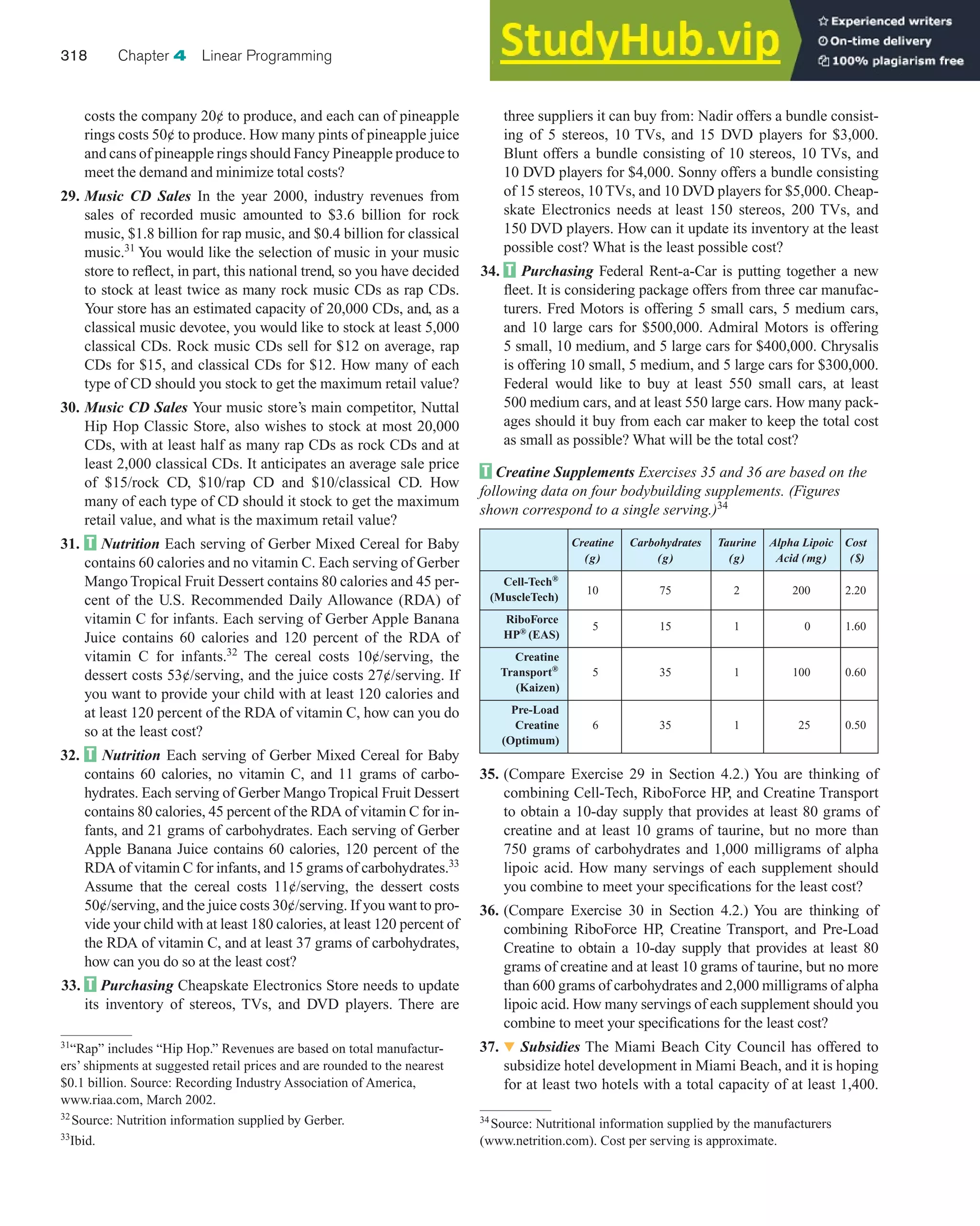 costs the company 20¢ to produce, and each can of pineapple
rings costs 50¢ to produce. How many pints of pineapple juice
and cans of pineapple rings should Fancy Pineapple produce to
meet the demand and minimize total costs?
29. Music CD Sales In the year 2000, industry revenues from
sales of recorded music amounted to $3.6 billion for rock
music, $1.8 billion for rap music, and $0.4 billion for classical
music.31
You would like the selection of music in your music
store to reflect, in part, this national trend, so you have decided
to stock at least twice as many rock music CDs as rap CDs.
Your store has an estimated capacity of 20,000 CDs, and, as a
classical music devotee, you would like to stock at least 5,000
classical CDs. Rock music CDs sell for $12 on average, rap
CDs for $15, and classical CDs for $12. How many of each
type of CD should you stock to get the maximum retail value?
30. Music CD Sales Your music store’s main competitor, Nuttal
Hip Hop Classic Store, also wishes to stock at most 20,000
CDs, with at least half as many rap CDs as rock CDs and at
least 2,000 classical CDs. It anticipates an average sale price
of $15/rock CD, $10/rap CD and $10/classical CD. How
many of each type of CD should it stock to get the maximum
retail value, and what is the maximum retail value?
31. Nutrition Each serving of Gerber Mixed Cereal for Baby
contains 60 calories and no vitamin C. Each serving of Gerber
Mango Tropical Fruit Dessert contains 80 calories and 45 per-
cent of the U.S. Recommended Daily Allowance (RDA) of
vitamin C for infants. Each serving of Gerber Apple Banana
Juice contains 60 calories and 120 percent of the RDA of
vitamin C for infants.32
The cereal costs 10¢/serving, the
dessert costs 53¢/serving, and the juice costs 27¢/serving. If
you want to provide your child with at least 120 calories and
at least 120 percent of the RDA of vitamin C, how can you do
so at the least cost?
32. Nutrition Each serving of Gerber Mixed Cereal for Baby
contains 60 calories, no vitamin C, and 11 grams of carbo-
hydrates. Each serving of Gerber Mango Tropical Fruit Dessert
contains 80 calories, 45 percent of the RDA of vitamin C for in-
fants, and 21 grams of carbohydrates. Each serving of Gerber
Apple Banana Juice contains 60 calories, 120 percent of the
RDA of vitamin C for infants, and 15 grams of carbohydrates.33
Assume that the cereal costs 11¢/serving, the dessert costs
50¢/serving, and the juice costs 30¢/serving. If you want to pro-
vide your child with at least 180 calories, at least 120 percent of
the RDA of vitamin C, and at least 37 grams of carbohydrates,
how can you do so at the least cost?
33. Purchasing Cheapskate Electronics Store needs to update
its inventory of stereos, TVs, and DVD players. There are
318 Chapter 4 Linear Programming
three suppliers it can buy from: Nadir offers a bundle consist-
ing of 5 stereos, 10 TVs, and 15 DVD players for $3,000.
Blunt offers a bundle consisting of 10 stereos, 10 TVs, and
10 DVD players for $4,000. Sonny offers a bundle consisting
of 15 stereos, 10 TVs, and 10 DVD players for $5,000. Cheap-
skate Electronics needs at least 150 stereos, 200 TVs, and
150 DVD players. How can it update its inventory at the least
possible cost? What is the least possible cost?
34. Purchasing Federal Rent-a-Car is putting together a new
fleet. It is considering package offers from three car manufac-
turers. Fred Motors is offering 5 small cars, 5 medium cars,
and 10 large cars for $500,000. Admiral Motors is offering
5 small, 10 medium, and 5 large cars for $400,000. Chrysalis
is offering 10 small, 5 medium, and 5 large cars for $300,000.
Federal would like to buy at least 550 small cars, at least
500 medium cars, and at least 550 large cars. How many pack-
ages should it buy from each car maker to keep the total cost
as small as possible? What will be the total cost?
Creatine Supplements Exercises 35 and 36 are based on the
following data on four bodybuilding supplements. (Figures
shown correspond to a single serving.)34
31
“Rap” includes “Hip Hop.” Revenues are based on total manufactur-
ers’ shipments at suggested retail prices and are rounded to the nearest
$0.1 billion. Source: Recording Industry Association of America,
www.riaa.com, March 2002.
32
Source: Nutrition information supplied by Gerber.
33
Ibid.
34
Source: Nutritional information supplied by the manufacturers
(www.netrition.com). Cost per serving is approximate.
Creatine Carbohydrates Taurine Alpha Lipoic Cost
(g) (g) (g) Acid (mg) ($)
Cell-Tech®
(MuscleTech)
10 75 2 200 2.20
RiboForce
HP®
(EAS)
5 15 1 0 1.60
Creatine
Transport®
(Kaizen)
5 35 1 100 0.60
Pre-Load
Creatine
(Optimum)
6 35 1 25 0.50
35. (Compare Exercise 29 in Section 4.2.) You are thinking of
combining Cell-Tech, RiboForce HP, and Creatine Transport
to obtain a 10-day supply that provides at least 80 grams of
creatine and at least 10 grams of taurine, but no more than
750 grams of carbohydrates and 1,000 milligrams of alpha
lipoic acid. How many servings of each supplement should
you combine to meet your specifications for the least cost?
36. (Compare Exercise 30 in Section 4.2.) You are thinking of
combining RiboForce HP, Creatine Transport, and Pre-Load
Creatine to obtain a 10-day supply that provides at least 80
grams of creatine and at least 10 grams of taurine, but no more
than 600 grams of carbohydrates and 2,000 milligrams of alpha
lipoic acid. How many servings of each supplement should you
combine to meet your specifications for the least cost?
37. 왔 Subsidies The Miami Beach City Council has offered to
subsidize hotel development in Miami Beach, and it is hoping
for at least two hotels with a total capacity of at least 1,400.
 