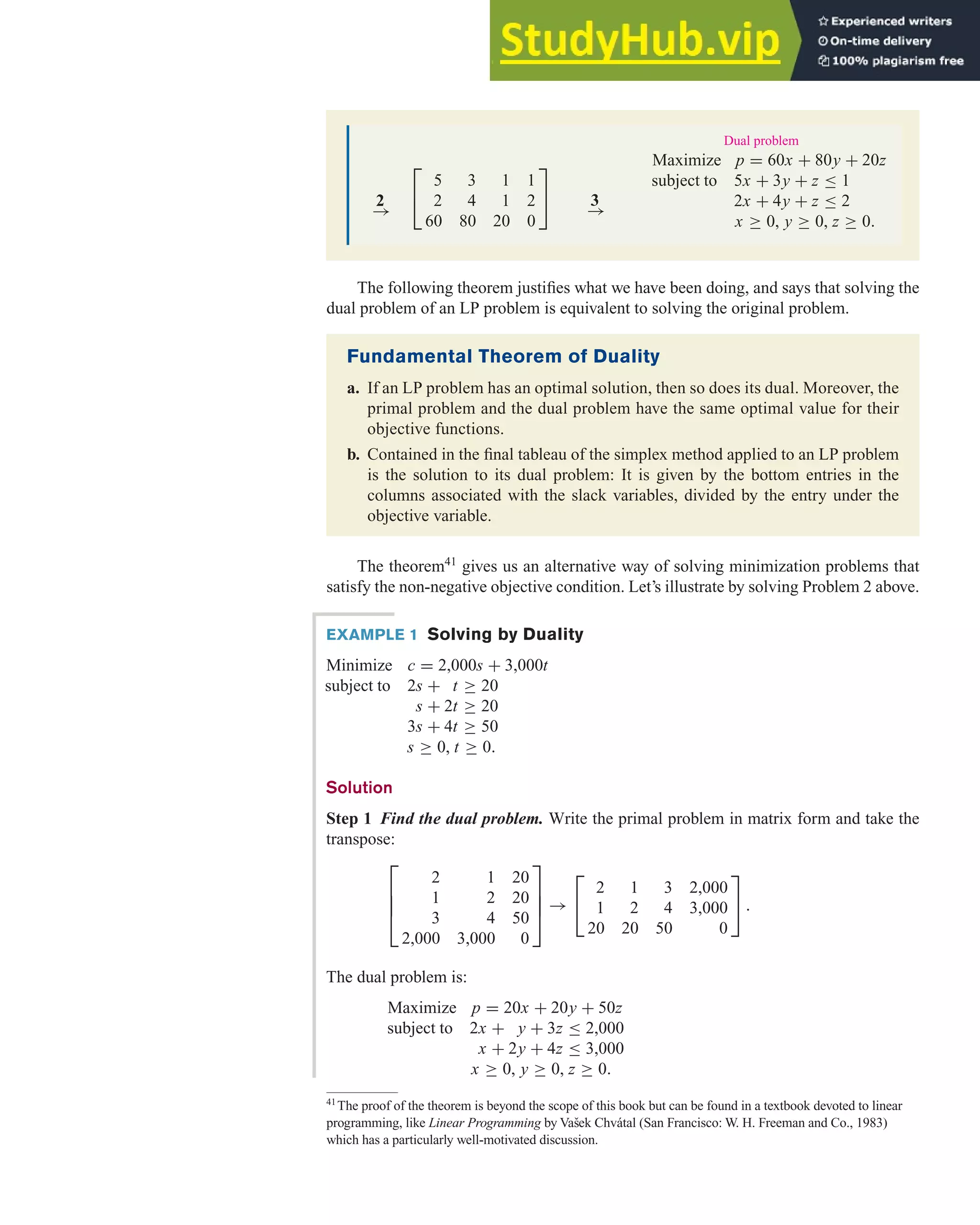 The following theorem justifies what we have been doing, and says that solving the
dual problem of an LP problem is equivalent to solving the original problem.
4.5 The Simplex Method and Duality 323
⎡
⎣
5 3 1 1
2 4 1 2
60 80 20 0
⎤
⎦
Dual problem
Maximize p = 60x + 80y + 20z
subject to 5x + 3y + z ≤ 1
2x + 4y + z ≤ 2
x ≥ 0, y ≥ 0, z ≥ 0.
2
→
3
→
Fundamental Theorem of Duality
a. If an LP problem has an optimal solution, then so does its dual. Moreover, the
primal problem and the dual problem have the same optimal value for their
objective functions.
b. Contained in the final tableau of the simplex method applied to an LP problem
is the solution to its dual problem: It is given by the bottom entries in the
columns associated with the slack variables, divided by the entry under the
objective variable.
The theorem41
gives us an alternative way of solving minimization problems that
satisfy the non-negative objective condition. Let’s illustrate by solving Problem 2 above.
EXAMPLE 1 Solving by Duality
Minimize c = 2,000s + 3,000t
subject to 2s + t ≥ 20
s + 2t ≥ 20
3s + 4t ≥ 50
s ≥ 0, t ≥ 0.
Solution
Step 1 Find the dual problem. Write the primal problem in matrix form and take the
transpose:
⎡
⎢
⎢
⎣
2 1 20
1 2 20
3 4 50
2,000 3,000 0
⎤
⎥
⎥
⎦ →
⎡
⎣
2 1 3 2,000
1 2 4 3,000
20 20 50 0
⎤
⎦ .
The dual problem is:
Maximize p = 20x + 20y + 50z
subject to 2x + y + 3z ≤ 2,000
x + 2y + 4z ≤ 3,000
x ≥ 0, y ≥ 0, z ≥ 0.
41
The proof of the theorem is beyond the scope of this book but can be found in a textbook devoted to linear
programming, like Linear Programming by Vašek Chvátal (San Francisco: W. H. Freeman and Co., 1983)
which has a particularly well-motivated discussion.
 