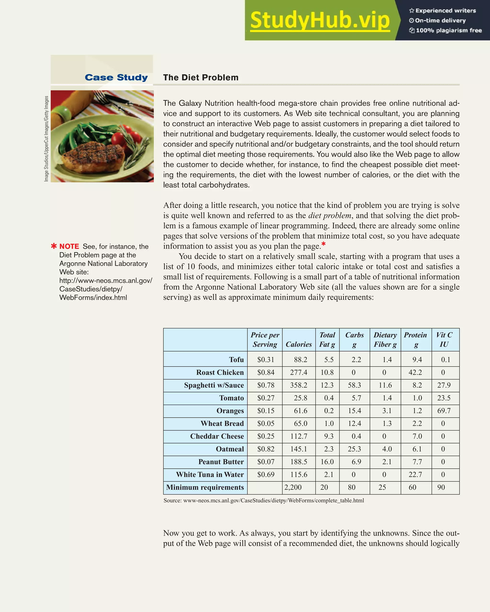 The Galaxy Nutrition health-food mega-store chain provides free online nutritional ad-
vice and support to its customers. As Web site technical consultant, you are planning
to construct an interactive Web page to assist customers in preparing a diet tailored to
their nutritional and budgetary requirements. Ideally, the customer would select foods to
consider and specify nutritional and/or budgetary constraints, and the tool should return
the optimal diet meeting those requirements. You would also like the Web page to allow
the customer to decide whether, for instance, to find the cheapest possible diet meet-
ing the requirements, the diet with the lowest number of calories, or the diet with the
least total carbohydrates.
After doing a little research, you notice that the kind of problem you are trying is solve
is quite well known and referred to as the diet problem, and that solving the diet prob-
lem is a famous example of linear programming. Indeed, there are already some online
pages that solve versions of the problem that minimize total cost, so you have adequate
information to assist you as you plan the page.✱
You decide to start on a relatively small scale, starting with a program that uses a
list of 10 foods, and minimizes either total caloric intake or total cost and satisfies a
small list of requirements. Following is a small part of a table of nutritional information
from the Argonne National Laboratory Web site (all the values shown are for a single
serving) as well as approximate minimum daily requirements:
Case Study 339
Price per Total Carbs Dietary Protein Vit C
Serving Calories Fat g g Fiber g g IU
Tofu $0.31 88.2 5.5 2.2 1.4 9.4 0.1
Roast Chicken $0.84 277.4 10.8 0 0 42.2 0
Spaghetti w/Sauce $0.78 358.2 12.3 58.3 11.6 8.2 27.9
Tomato $0.27 25.8 0.4 5.7 1.4 1.0 23.5
Oranges $0.15 61.6 0.2 15.4 3.1 1.2 69.7
Wheat Bread $0.05 65.0 1.0 12.4 1.3 2.2 0
Cheddar Cheese $0.25 112.7 9.3 0.4 0 7.0 0
Oatmeal $0.82 145.1 2.3 25.3 4.0 6.1 0
Peanut Butter $0.07 188.5 16.0 6.9 2.1 7.7 0
White Tuna in Water $0.69 115.6 2.1 0 0 22.7 0
Minimum requirements 2,200 20 80 25 60 90
Case Study The Diet Problem
Image
Studios/UpperCut
Images/Getty
Images
✱ NOTE See, for instance, the
Diet Problem page at the
Argonne National Laboratory
Web site:
http://www-neos.mcs.anl.gov/
CaseStudies/dietpy/
WebForms/index.html
Source: www-neos.mcs.anl.gov/CaseStudies/dietpy/WebForms/complete_table.html
Now you get to work. As always, you start by identifying the unknowns. Since the out-
put of the Web page will consist of a recommended diet, the unknowns should logically
 