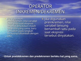 OPERATOR
OPERATOR
INKREMEN/DEKREMEN
INKREMEN/DEKREMEN
• Jika digunakan
Jika digunakan
postinkremen, nilai variabel
postinkremen, nilai variabel
tepat pada saat ekspresi
tepat pada saat ekspresi
tersebut dinyatakan masih
tersebut dinyatakan masih
tetap nilai yang sama, baru
tetap nilai yang sama, baru
kemudian pada langkah
kemudian pada langkah
berikutnya ditambah dengan
berikutnya ditambah dengan
satu.
satu.
• Jika digunakan
Jika digunakan
preinkremen, nilai
preinkremen, nilai
variabel lansung
variabel lansung
bertambah satu pada
bertambah satu pada
saat ekspresi
saat ekspresi
tersebut dinyatakan.
tersebut dinyatakan.
• Untuk postdekremen dan predekremen berlaku hal yang sama.
 