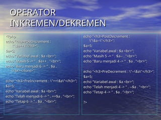 OPERATOR
OPERATOR
INKREMEN/DEKREMEN
INKREMEN/DEKREMEN
<?php
<?php
echo "<h3>PostIncrement :
echo "<h3>PostIncrement :
"$a++"</h3>";
"$a++"</h3>";
$a=5;
$a=5;
echo "Variabel awal : $a <br>";
echo "Variabel awal : $a <br>";
echo "Masih 5 -> " . $a++ . "<br>";
echo "Masih 5 -> " . $a++ . "<br>";
echo "Baru menjadi 6 -> " . $a .
echo "Baru menjadi 6 -> " . $a .
"<br></font>";
"<br></font>";
echo "<h3>PreIncrement : "++$a"</h3>";
echo "<h3>PreIncrement : "++$a"</h3>";
$a=5;
$a=5;
echo "Variabel awal : $a <br>";
echo "Variabel awal : $a <br>";
echo "Telah menjadi 6 -> " . ++$a . "<br>";
echo "Telah menjadi 6 -> " . ++$a . "<br>";
echo "Tetap 6 -> " . $a . "<br>";
echo "Tetap 6 -> " . $a . "<br>";
echo "<h3>PostDecrement :
echo "<h3>PostDecrement :
"$a--"</h3>";
"$a--"</h3>";
$a=5;
$a=5;
echo "Variabel awal : $a <br>";
echo "Variabel awal : $a <br>";
echo "Masih 5 -> " . $a-- . "<br>";
echo "Masih 5 -> " . $a-- . "<br>";
echo "Baru menjadi 4 -> " . $a . "<br>";
echo "Baru menjadi 4 -> " . $a . "<br>";
echo "<h3>PreDecrement : "--$a"</h3>";
echo "<h3>PreDecrement : "--$a"</h3>";
$a=5;
$a=5;
echo "Variabel awal : $a <br>";
echo "Variabel awal : $a <br>";
echo "Telah menjadi 4 -> " . --$a . "<br>";
echo "Telah menjadi 4 -> " . --$a . "<br>";
echo "Tetap 4 -> " . $a . "<br>";
echo "Tetap 4 -> " . $a . "<br>";
?>
?>
 