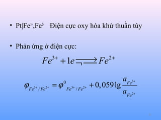 • Pt|Fe3+,Fe2+ Điện cực oxy hóa khử thuần túy
• Phản ứng ở điện cực:

 Fe 2+
→
Fe + 1e ¬ 

3+

ϕ Fe3+ / Fe2+ = ϕ

0
Fe3+ / Fe2+

+ 0, 059 lg

aFe3+
aFe2+
22

 